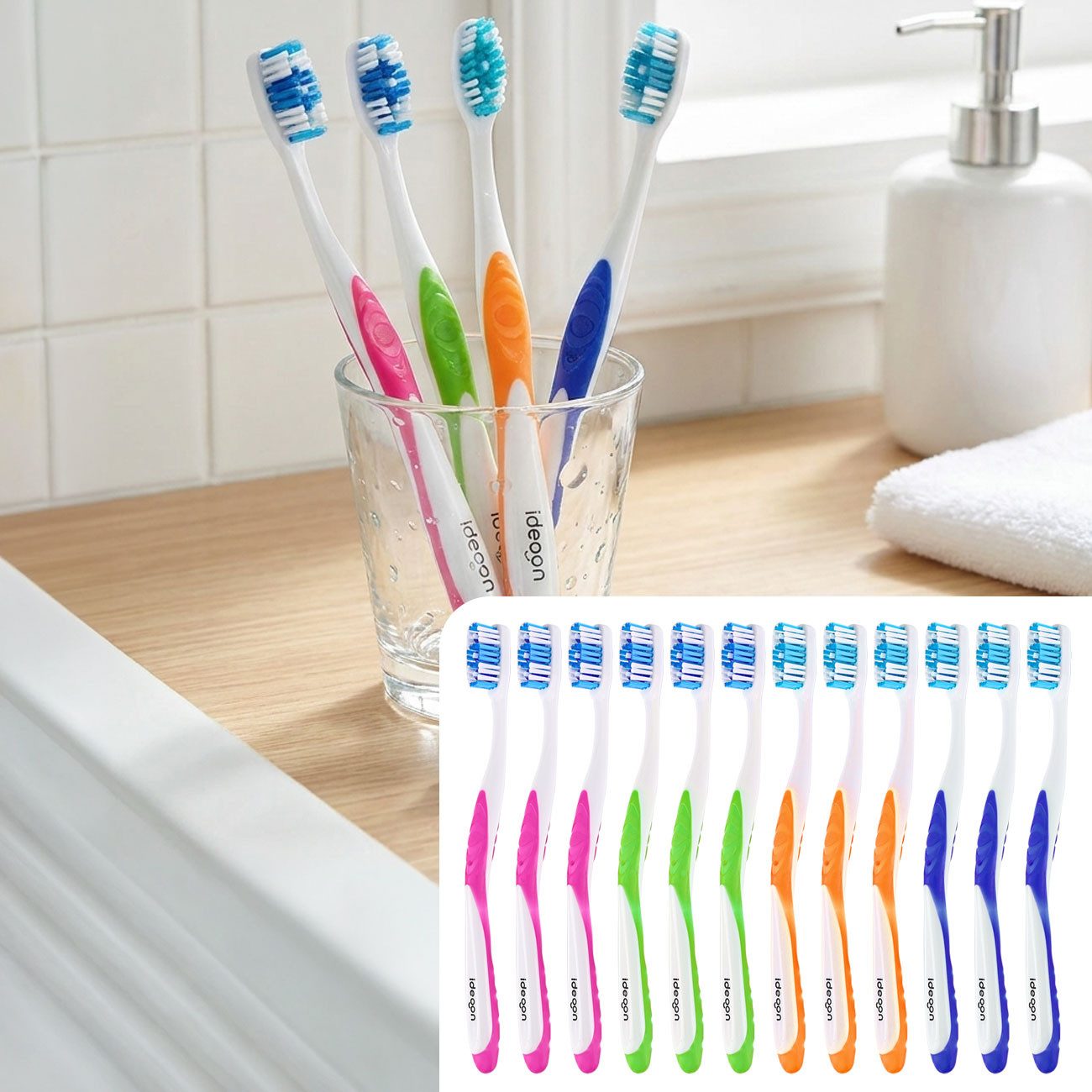 shop'n smile ideoon Zahnbürste Handzahnbürsten Set Medium mit Zungenreiniger, 12er- / 24er-Pack, Zahnbürsten-Familienpackung mit Wellenprofil & einzeln verpackt