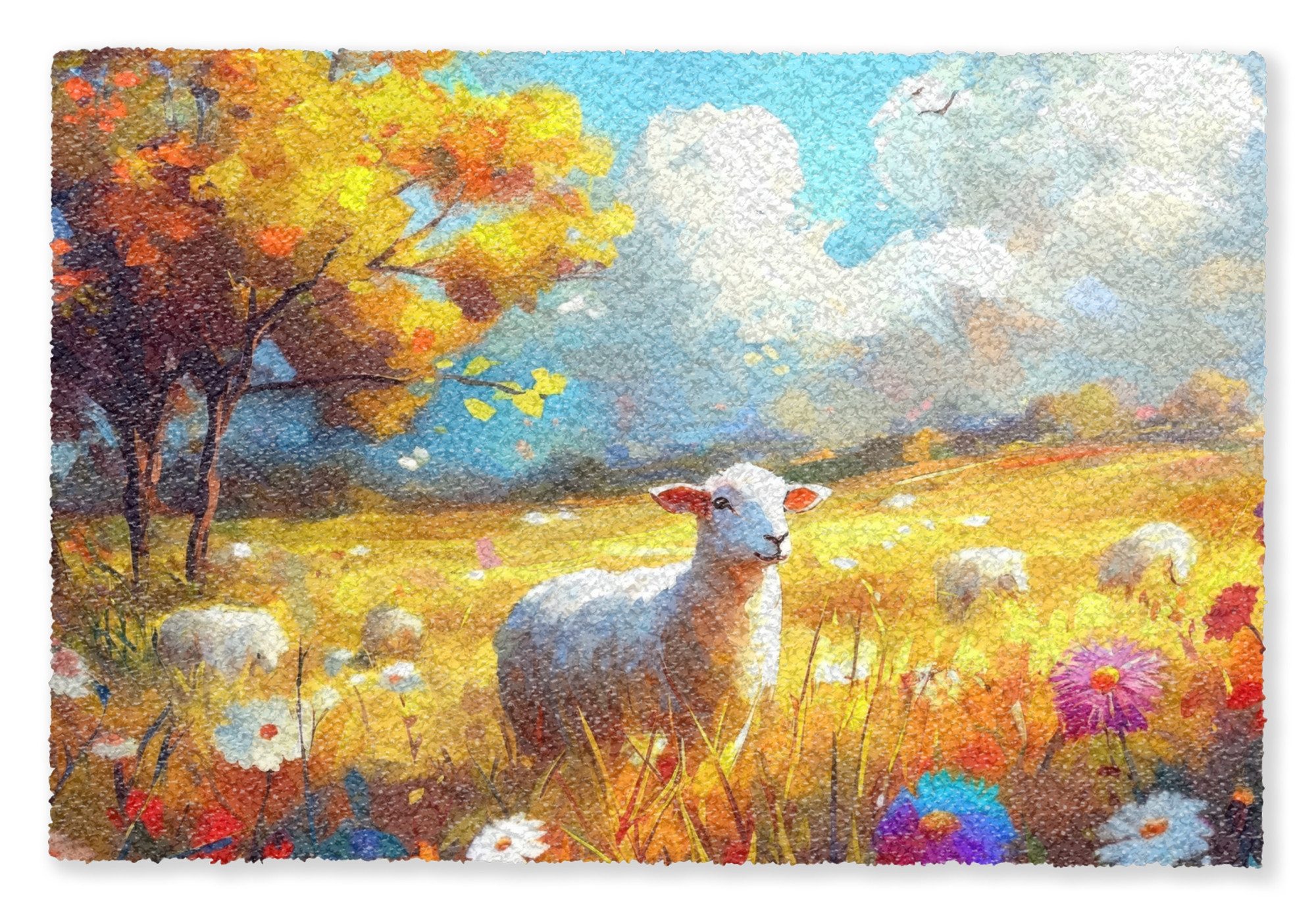 MuchoWow Fußmatte Schafe - Wiese - Blumen, Rechteckig, innen Schmutzfangmatte, Tür, Schmutzfänger Flur, Teppich, 60x40 cm