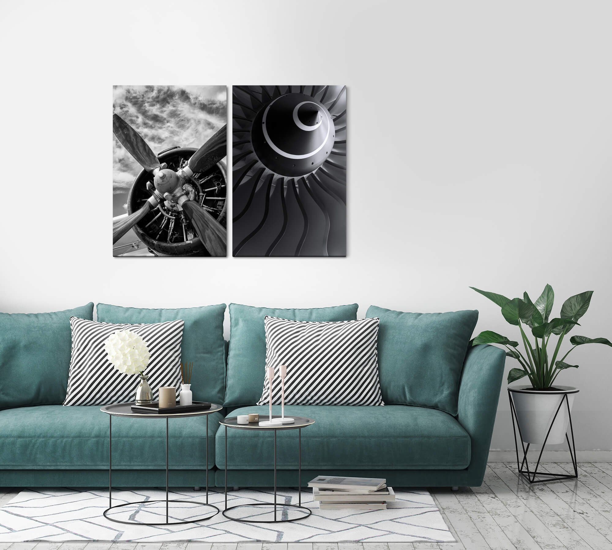 Sinus Art Leinwandbild 2 Bilder je 60x90cm Propeller Turbine Flugzeug Fliegen Schwarz Weiß Technik Mechanik