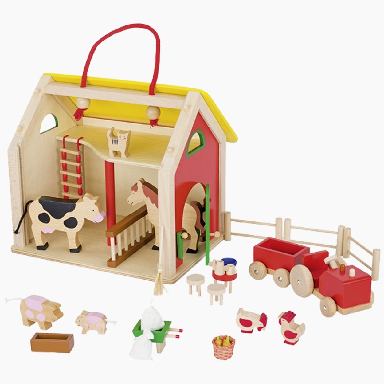 goki Spiel-Gebäude Koffer Bauernhaus mit Zubehör aus Holz (spar packung, 31-tlg., packung), Das bunte Haus kann so gut im Kinderzimmer verstaut werden.