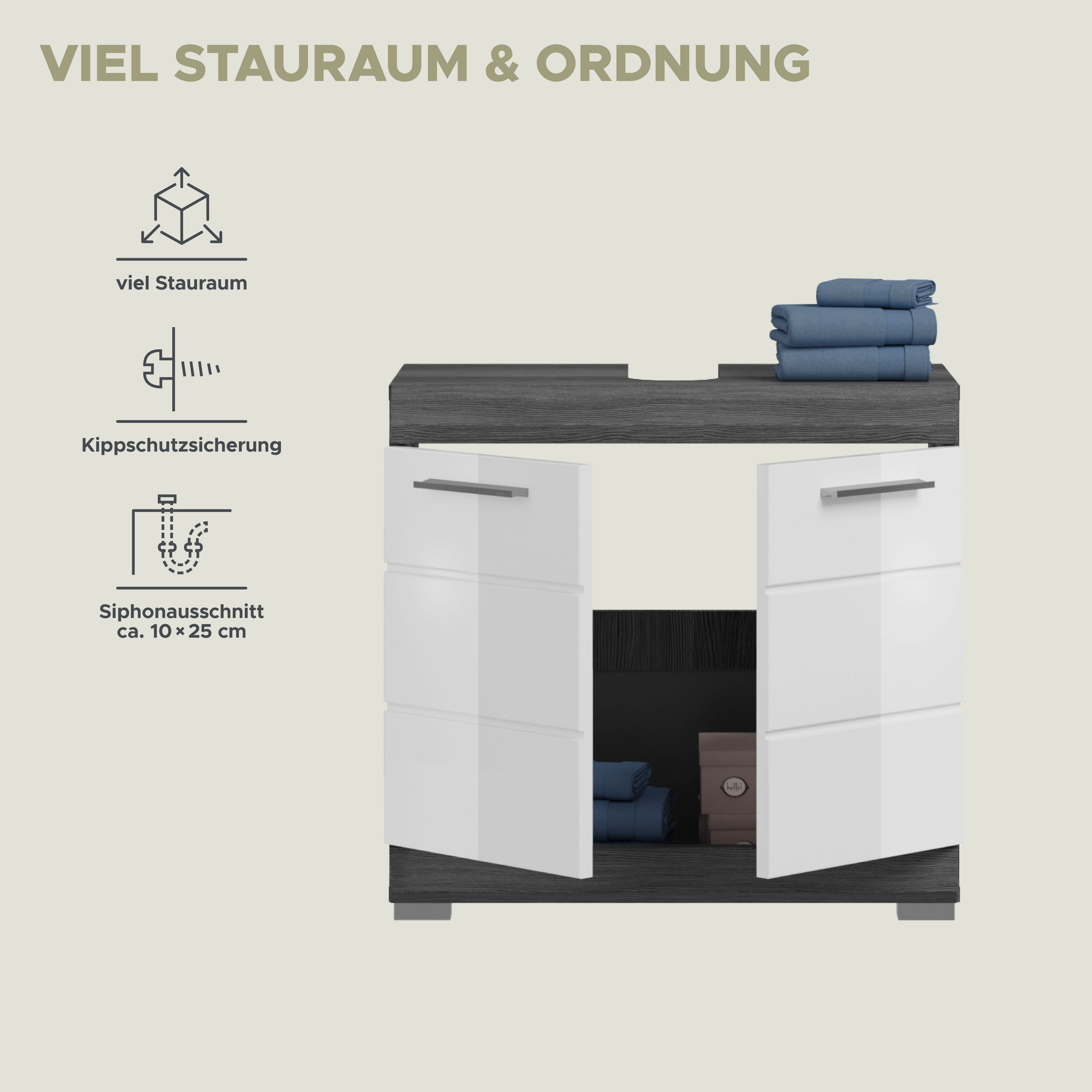 INOSIGN Waschbeckenunterschrank SIENA, Breite 60cm, 2 Tür, 2 Fächer, mit Siphonausschnitt, MDF-Front (1-St., TOPSELLER) in verschiedenen Farben erhältlich, Badmöbel, Badschrank, Kommode, Bad
