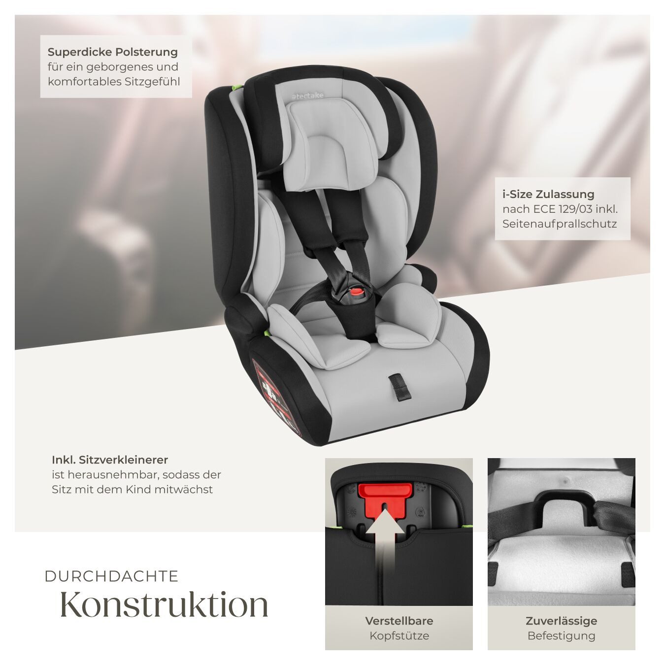 tectake Autokindersitz Autositz Sophie mit 5-Punkt-Gurt, i-Size Zulassung, (Klasse I / II / III (9-36 kg), Ab 15 Monate verwendbar, für Körpergrößen von 76 cm bis 150 cm