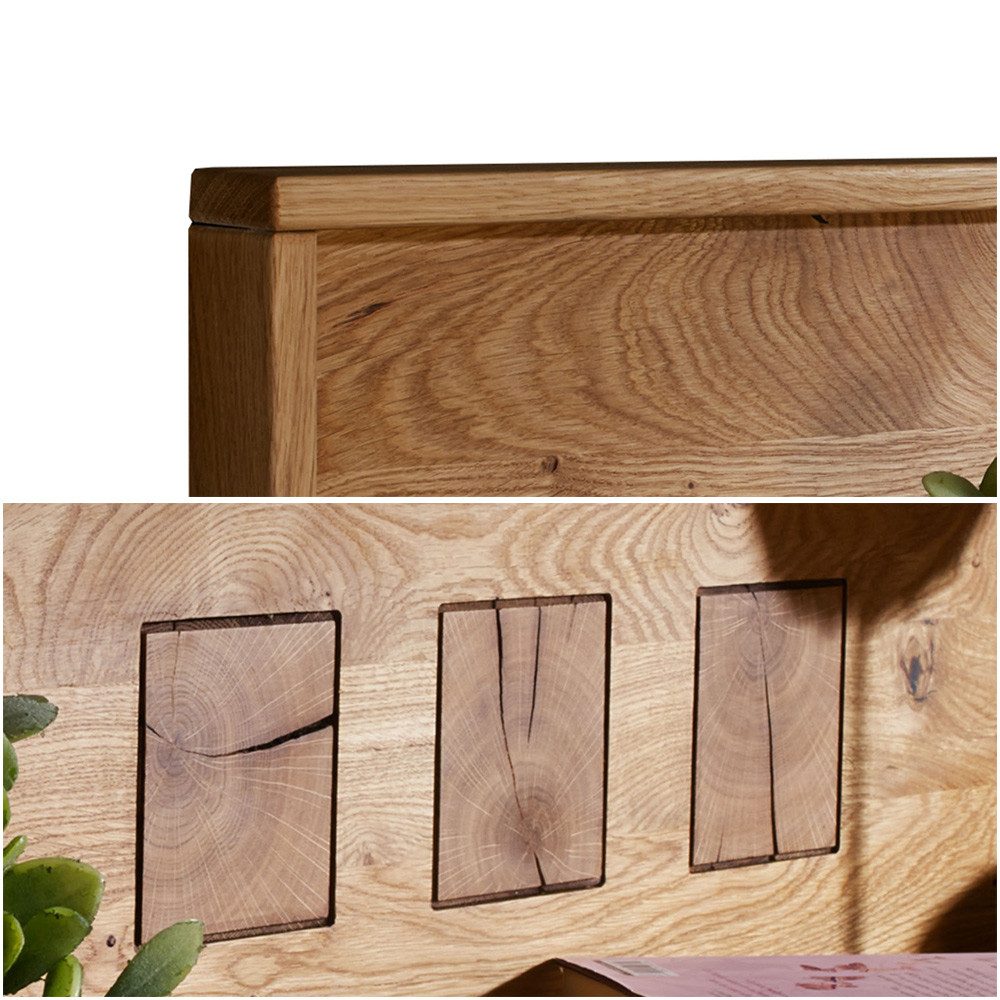 Lomadox Wandregal WINNIPEG-69, Wandboard 130cm, Eiche massiv geölt, Hirnholz-Detail, montiert