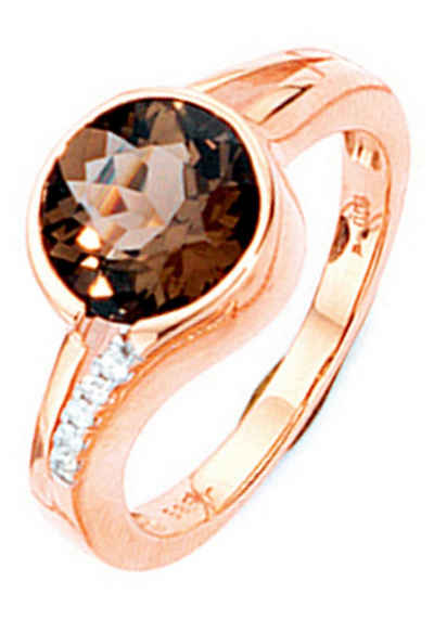 JOBO Diamantring, 585 Roségold mit Rauchquarz und 5 Diamanten