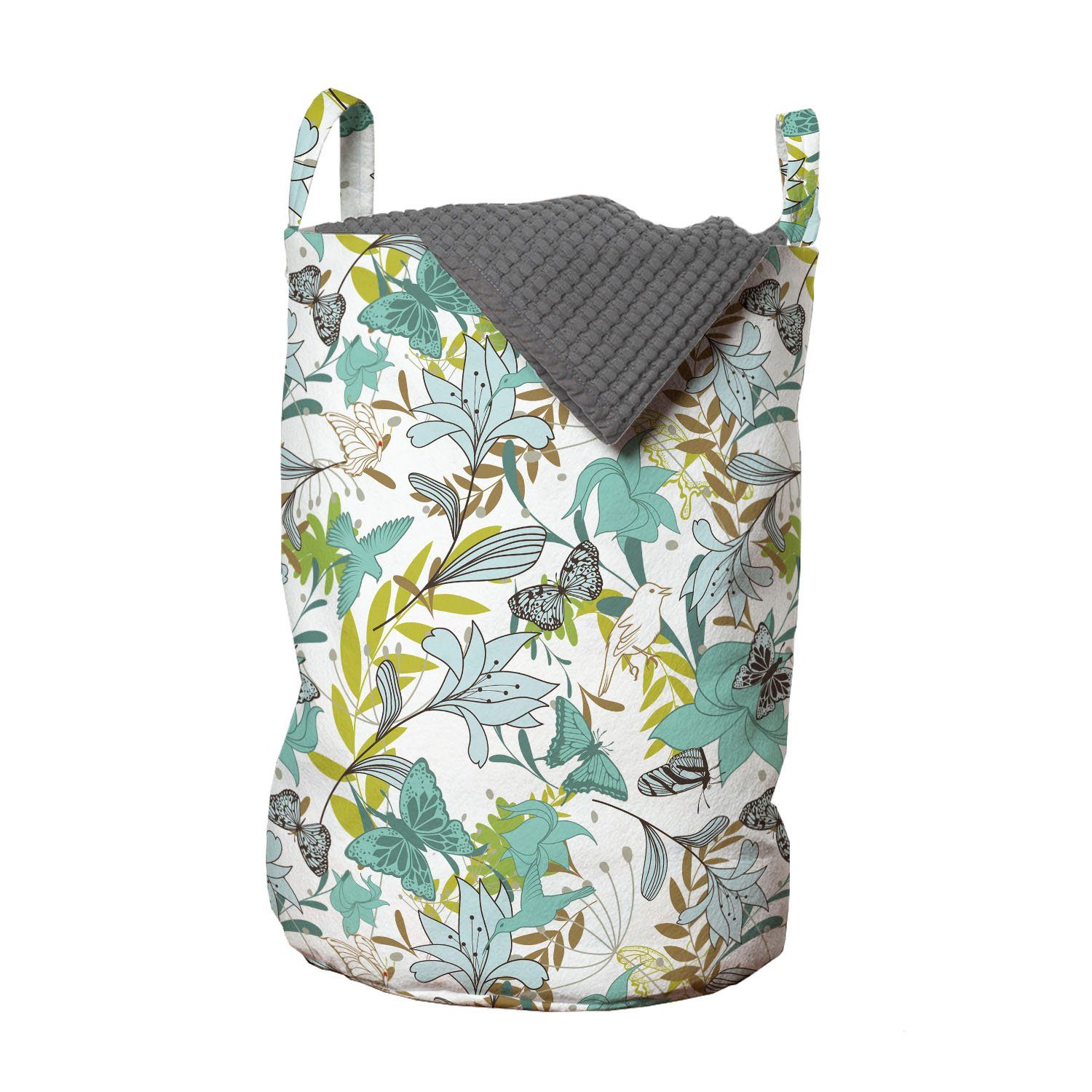 Abakuhaus Wäschesäckchen Wäschekorb mit Griffen Kordelzugverschluss für Waschsalons, Blumen Fliegende Vögel Schmetterlinge
