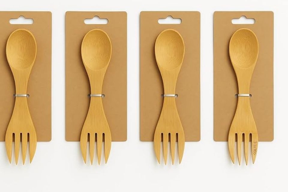 hausleben Campinglöffel - Gabel Multibesteck (4 Stück), Bambusbesteck, Wiederverwendbar & Leicht, 17 x 3,5 cm