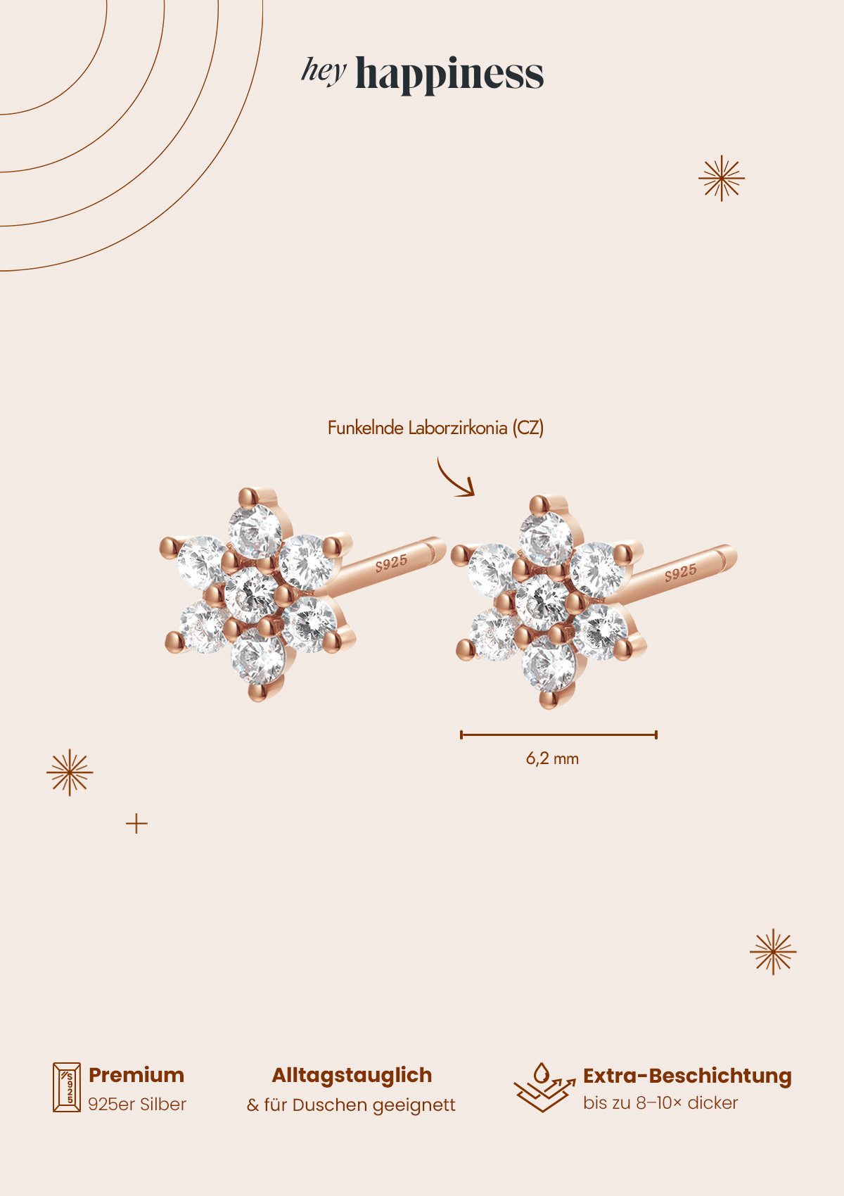 Hey Happiness Paar Ohrstecker Zirkon Sonne, 925 Silber Ohrringe Damen Blume Kristalle – Bild 4 von 5