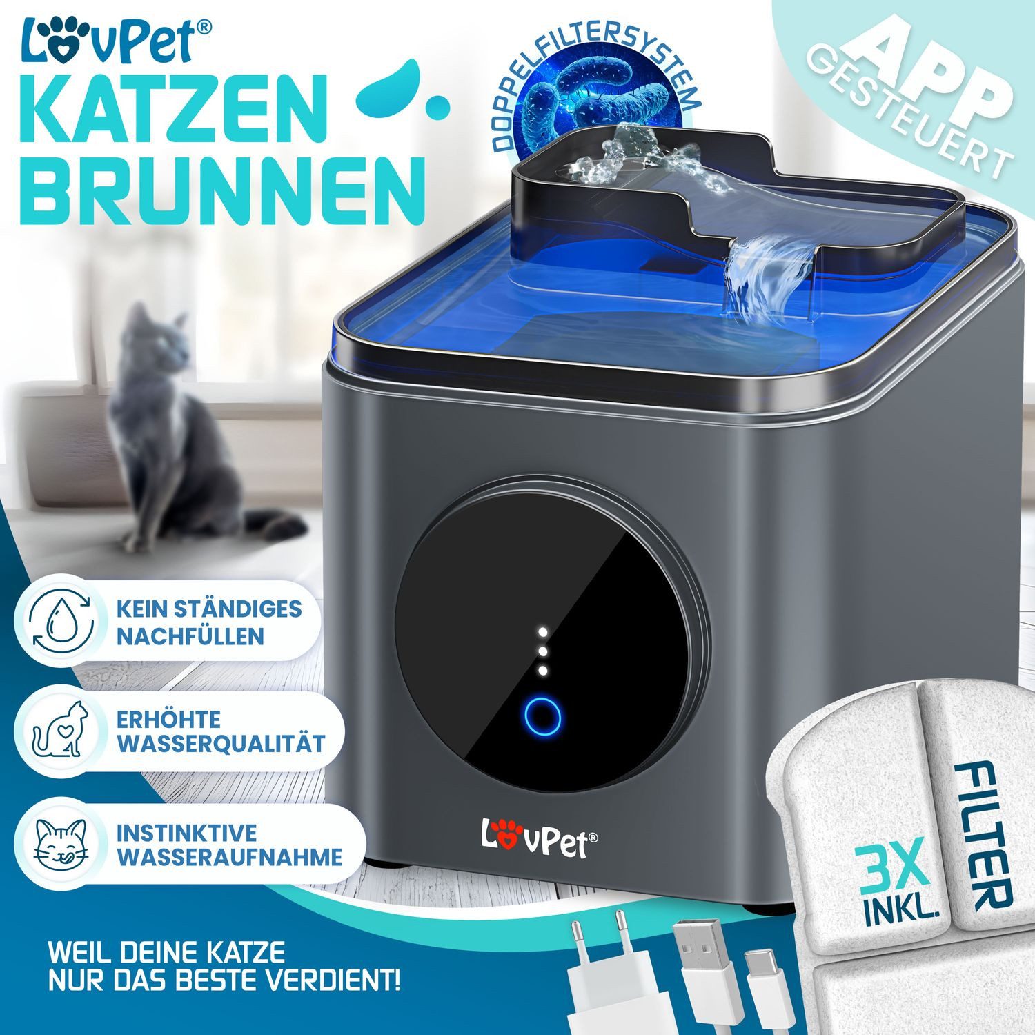Lovpet Trinkbrunnen für Katzen & Haustiere Wasserspender über App Steuerung günstig online kaufen