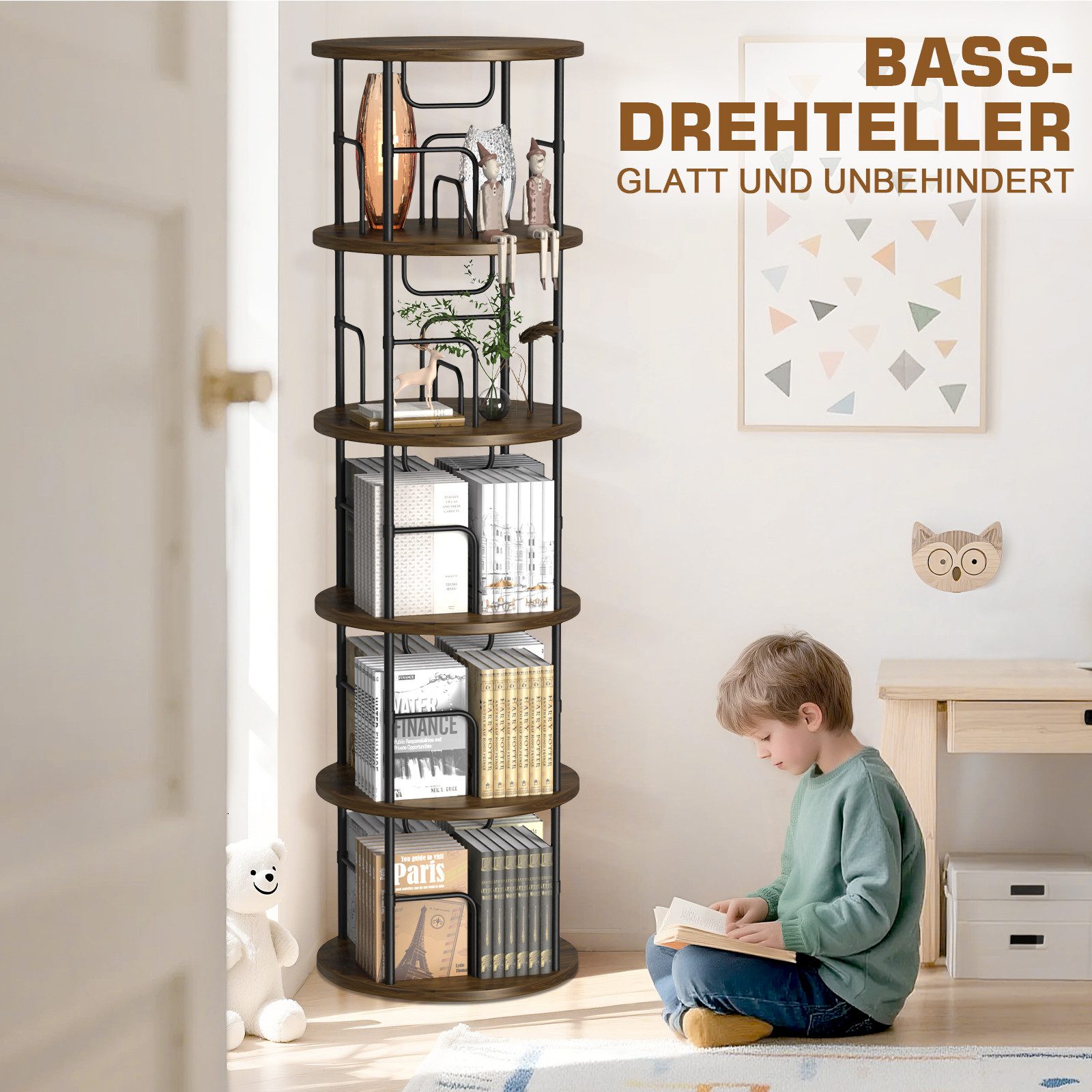 XERSEK Bücherregal 360° Drehbares Bücherturm 5 Ebenen Freistehend Standregal Holzmaserung, Bookshelf Aufbewahrungsregal Eckregal Spielzeugregal, für Kinderzimme – Bild 5 von 5