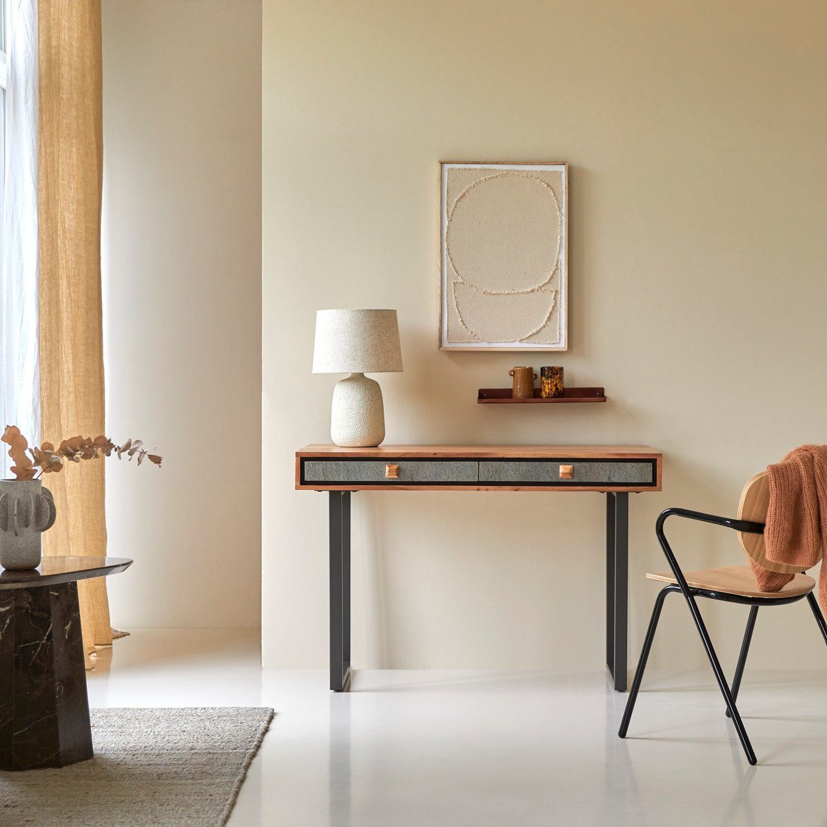 Tikamoon Schreibtisch Schreibtisch Sideboard 115 cm aus Massivem Akazienholz und Steinfassad