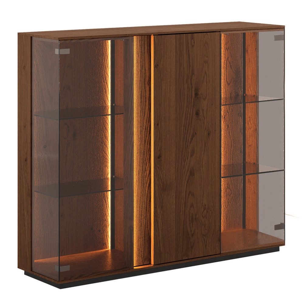 Lomadox Highboard CARISOLO-163, 135 cm breit in Eiche massiv dunkel, montiert, inkl. LED-Beleuchtung