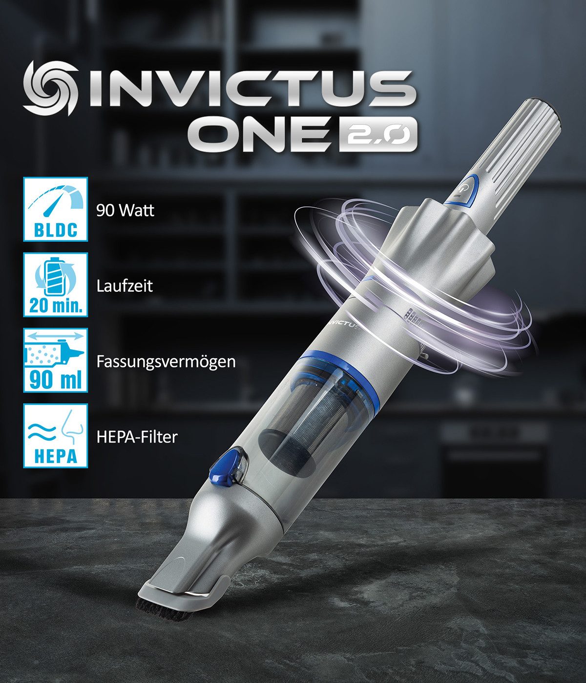 Genius Akku-Handstaubsauger INVICTUS ONE 2.0 Hand- und Bodenstaubsauger Set 16-tlg. dunkelblau, beutellos, für Böden, Möbel, Polster, Fugen, Auto und schwer erreichbare Stellen