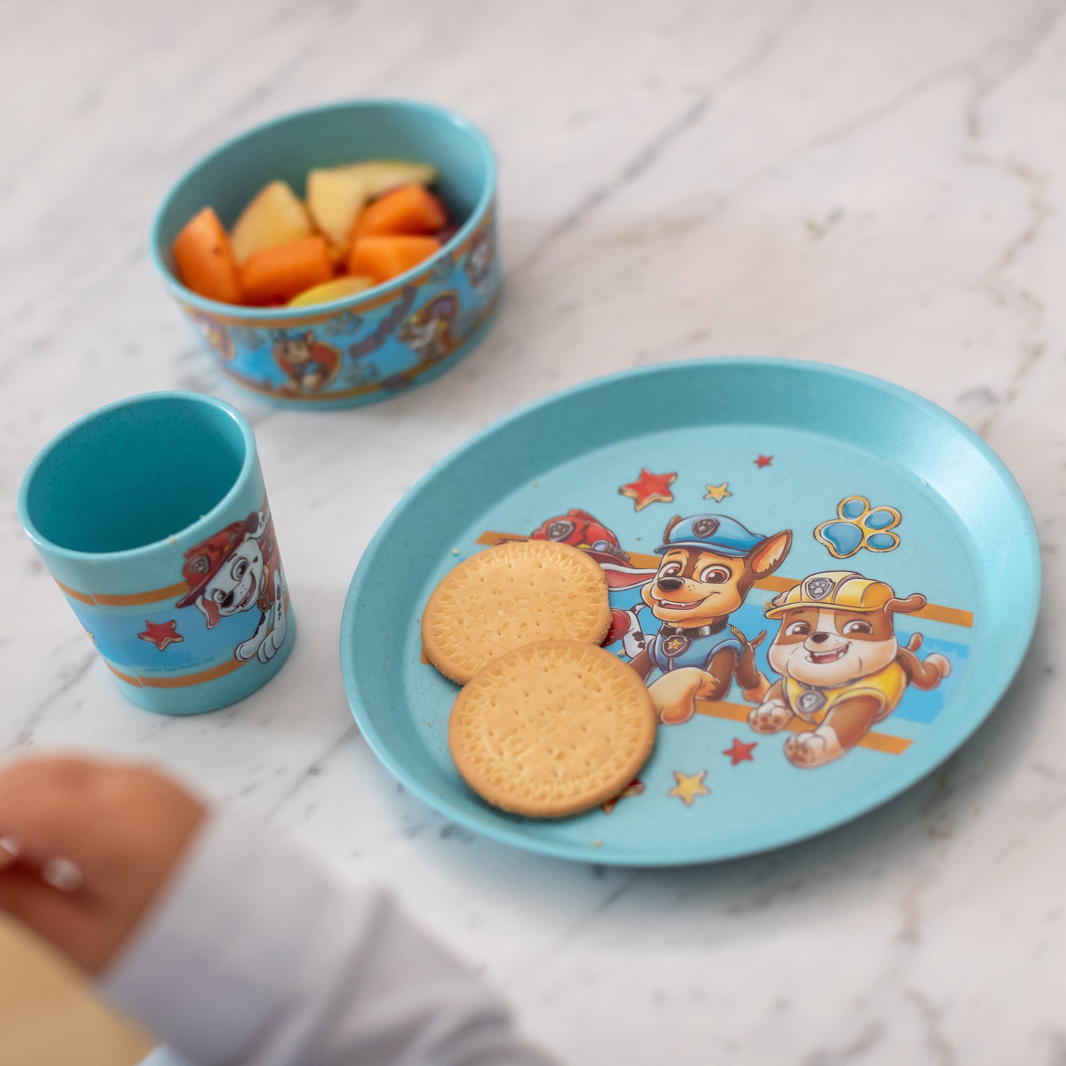 KOZIOL Kindergeschirr-Set CONNECT PAW PATROL produziert, Kunststoff, in (3-tlg), 3 1 Co² Blau Person für Teile, 1 Germany, neutral Made Personen