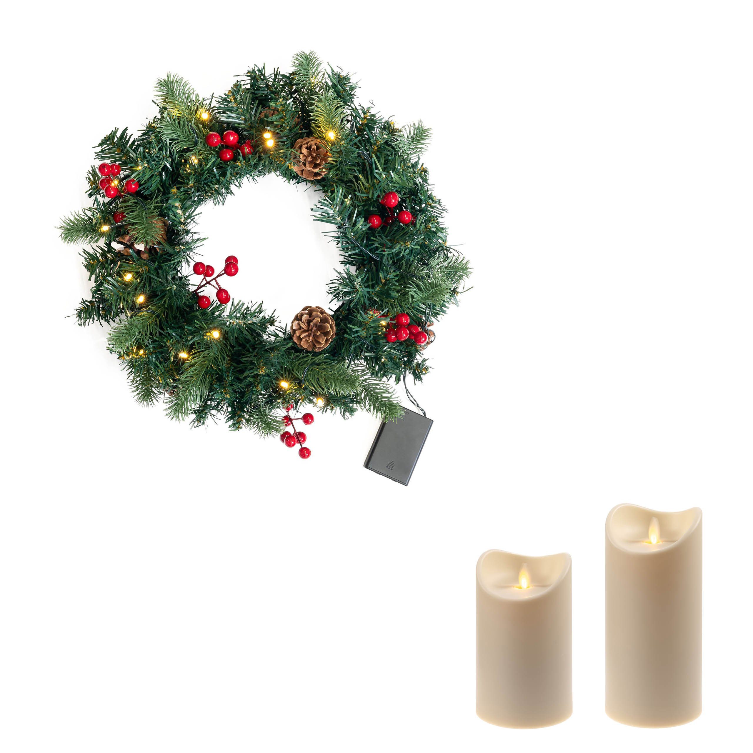 BONETTI Adventskranz Künstlicher Adventskranz mit Lichterkette und 4 LED Kerzen, batteriebetrieben, Ø 35 cm, Tannenkranz mit Zapfen, Beeren, flammenlos