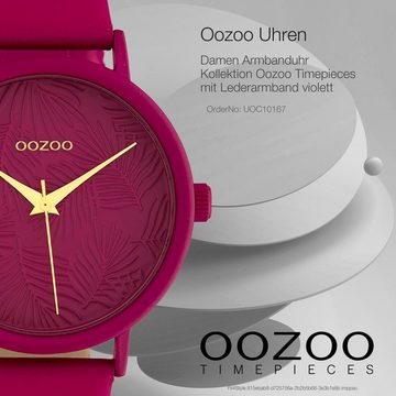 OOZOO Quarzuhr Oozoo Damen Armbanduhr fuchsia, (Analoguhr), Damenuhr rund, groß (ca. 42mm) Lederarmband, Fashion-Style