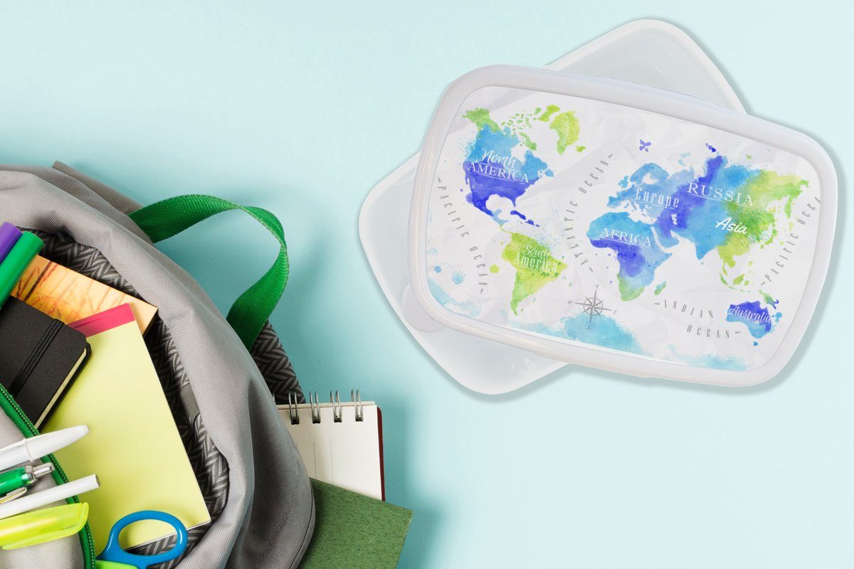 Blau, Brotbox Kunststoff, Lunchbox weiß Erwachsene, Weltkarte - Grün Kinder für - - MuchoWow Aquarell für Brotdose, und Jungs und Mädchen (2-tlg),