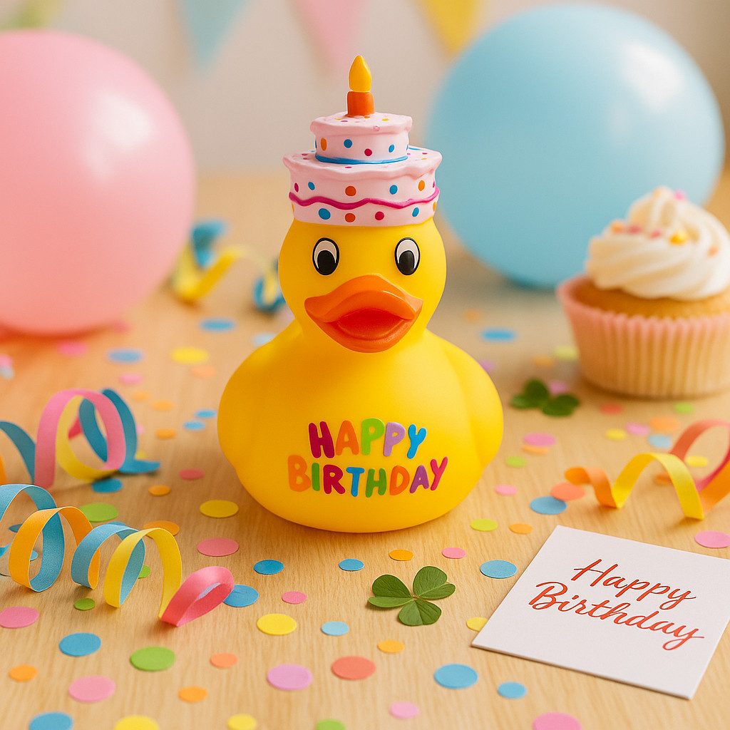 what the shop Geburtstagskerze Happy Birthday Geschenkset – Quietsche-Ente & Kerzenblock 13-tlg., Farbenfrohe Deko für jede Geburtstagsfeier