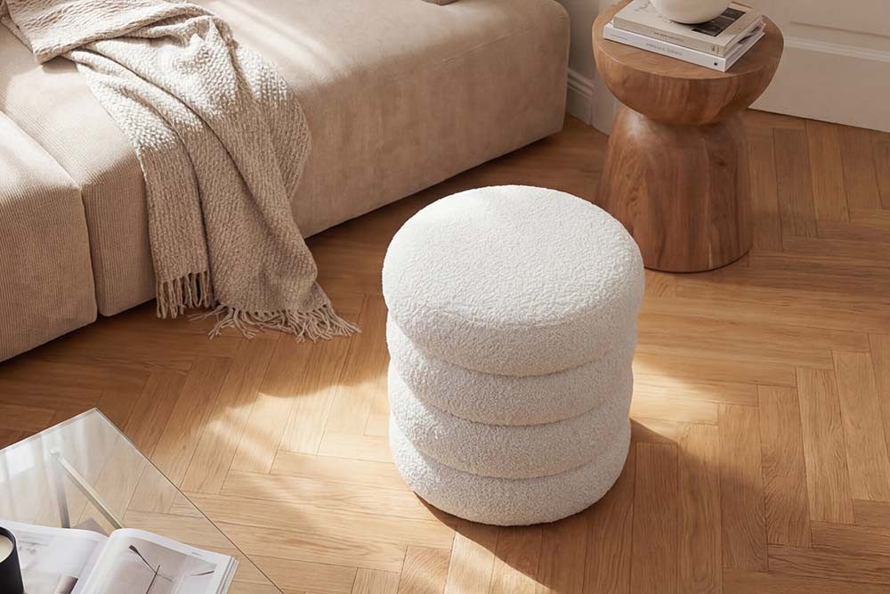 riess-ambiente Sitzhocker VOGUE Ø40cm weiß - Bouclébezug, Stauraum, rund, fertig montiert (Einzelartikel, 1 St), mit Aufbewahrungsfach – ideal für Wohn-, Schlafzimmer & Ankleide