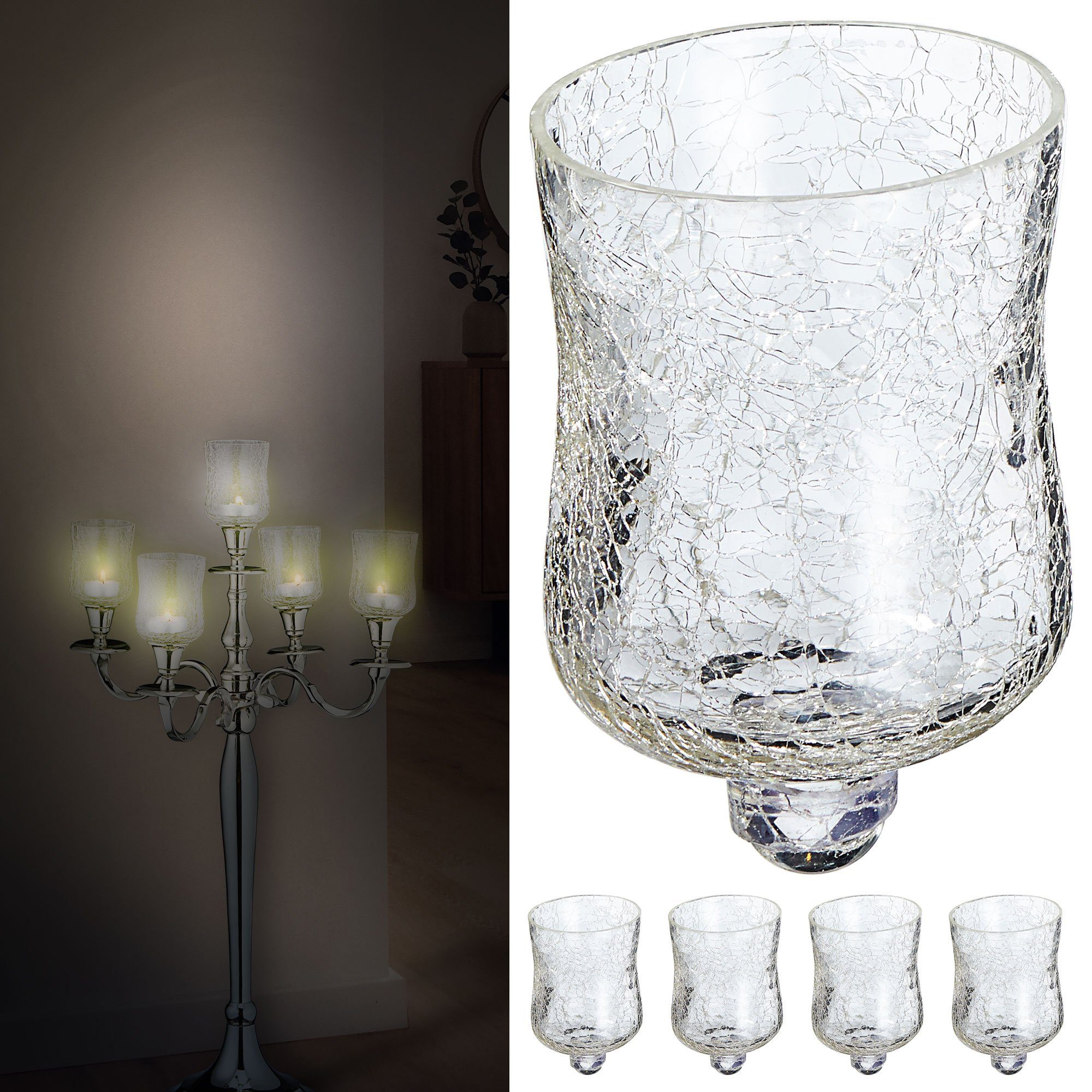 CEPEWA Teelichthalter 5x Glasaufsatz für Kerzenleuchter Crackle Design
