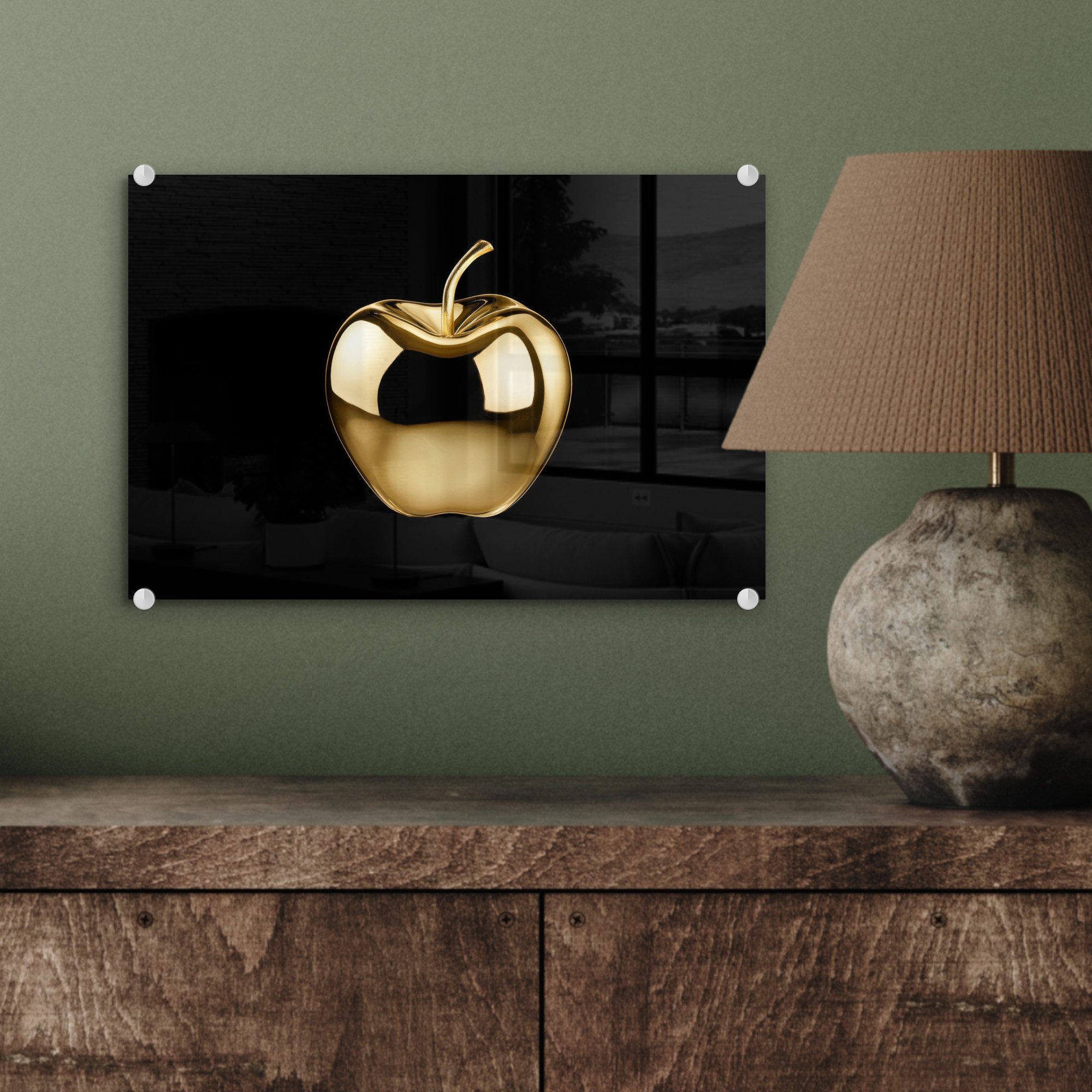 MuchoWow Acrylglasbild Apfel - Gold - Chrom - Schwarz, Inkl. Aufhängung, Glasbilder Wohnzimmer, Schlafzimmer, Flur & Esszimmer, 30x20 cm – Bild 4 von 5