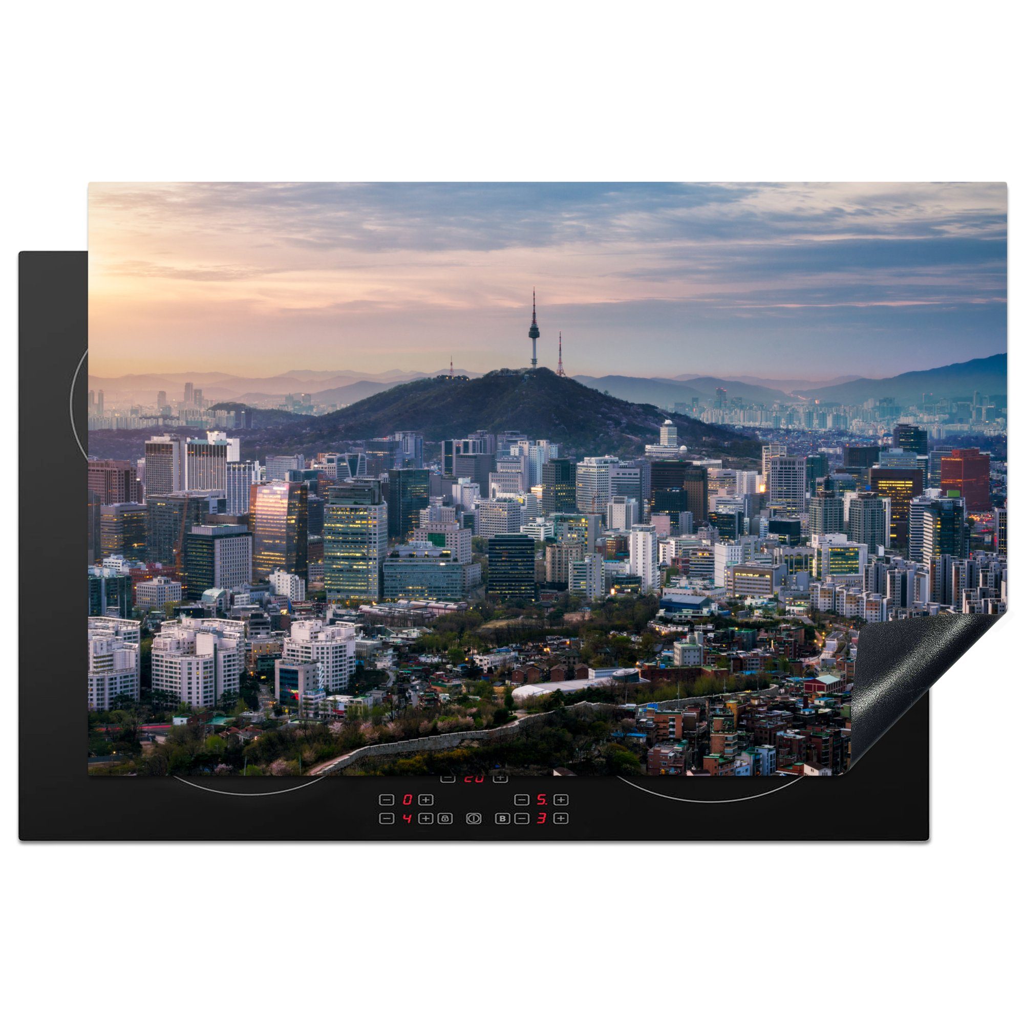 MuchoWow Herdblende-/Abdeckplatte Sonnenaufgang über Seoul in Südkorea, Vinyl, (1 tlg), 81x52 cm, Induktionskochfeld Schutz für die küche, Ceranfeldabdeckung