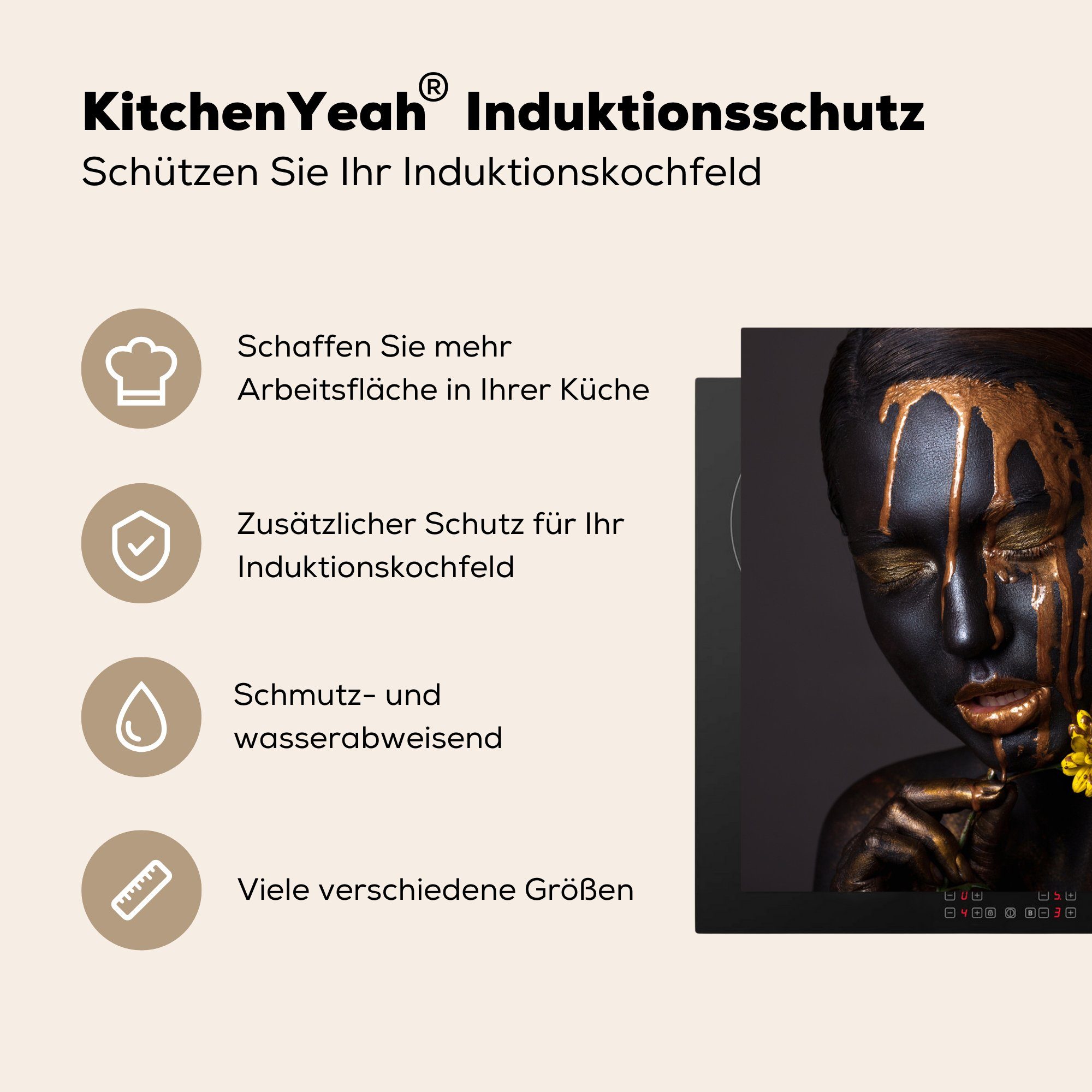 MuchoWow Herdblende-/Abdeckplatte Frau - Arbeitsplatte küche Vinyl, 78x78 Kupfer, tlg), (1 cm, Ceranfeldabdeckung, für - Schwarz