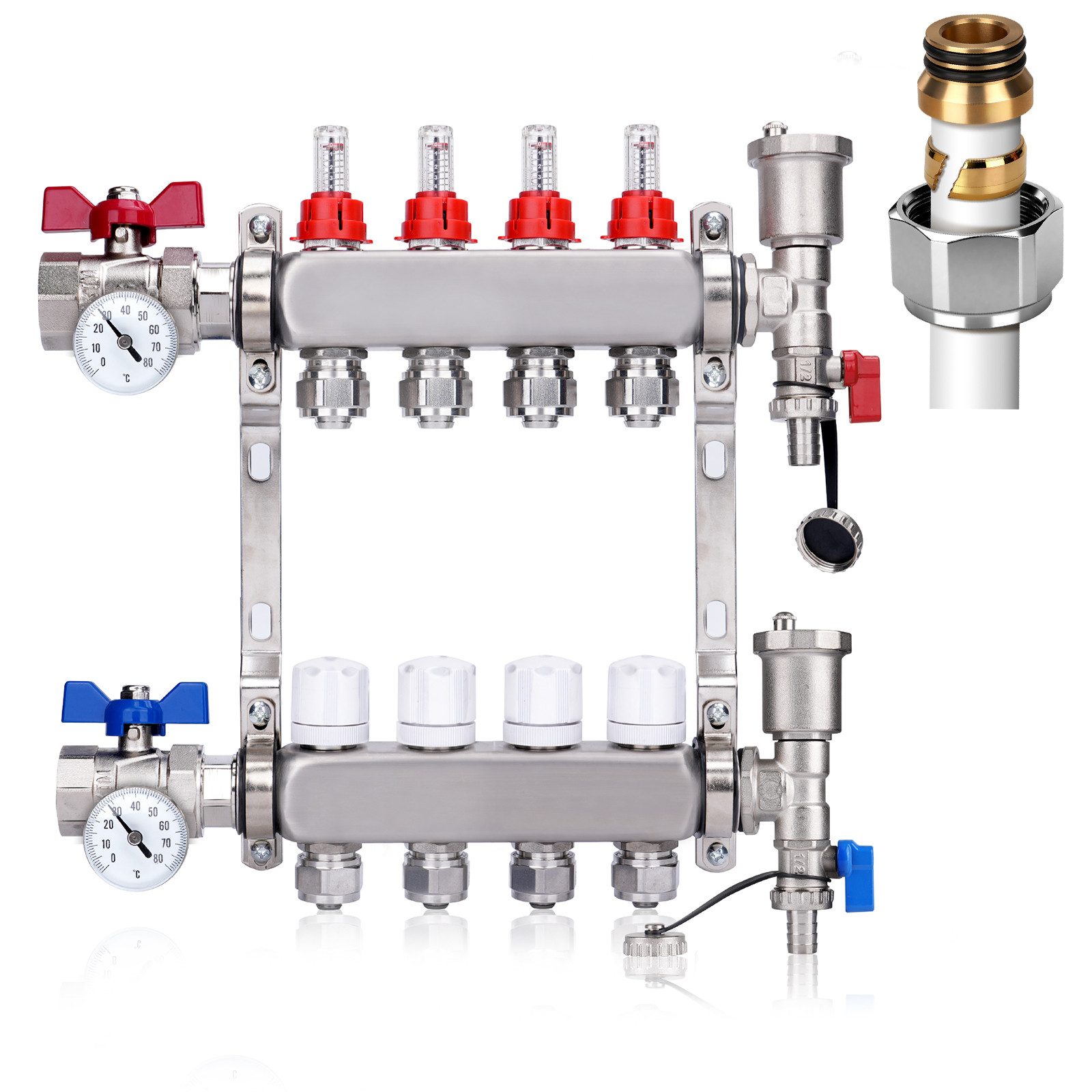 XERSEK Warmwasserfußbodenheizungen 2-13 Fach Heizkreisverteiler, Verteiler Fußbodenheizung Heizkreis, (mit 20x2 mm Klemmringverschraubung, Durchflussmesser, Eurokonus 3/4), 15 Jahre Lebensdauer, schnelle Montage, perfekt zu PEX/PE-RT Rohren