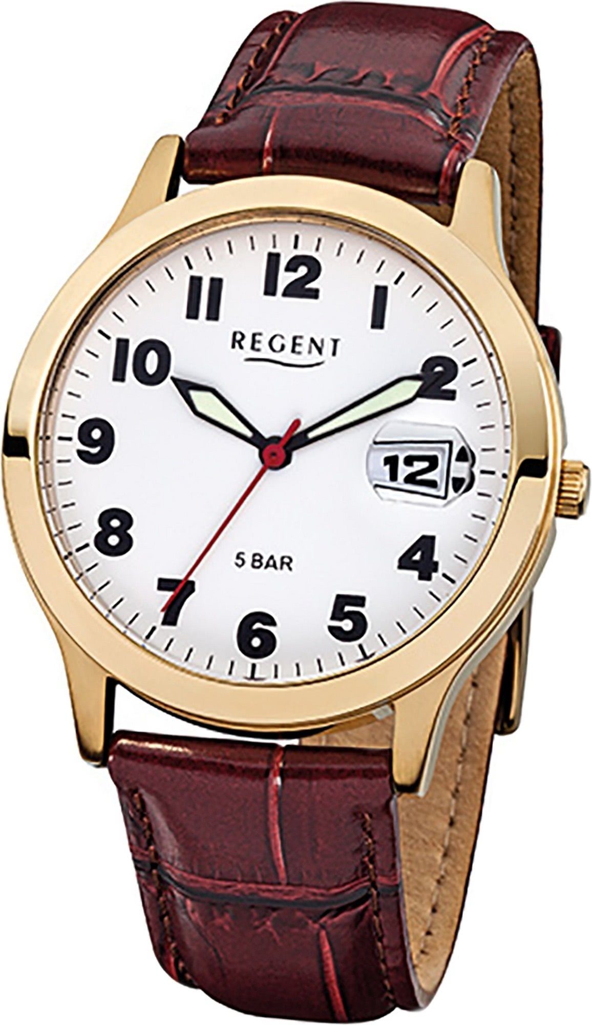 Regent Quarzuhr Regent Leder Herren Uhr F-789 Quarzuhr, Herrenuhr Lederarmband braun, rundes Gehäuse, mittel (ca. 39mm)