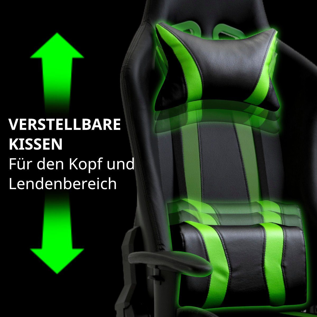 Schwarz Gaming Nackenkissen & mit St), Lenden- verstellbare | Schwarz GAMYX mit grünen grünen Chair (1 Streifen Fußablage, Streifen SVITA Armlehnen, ausziehbare