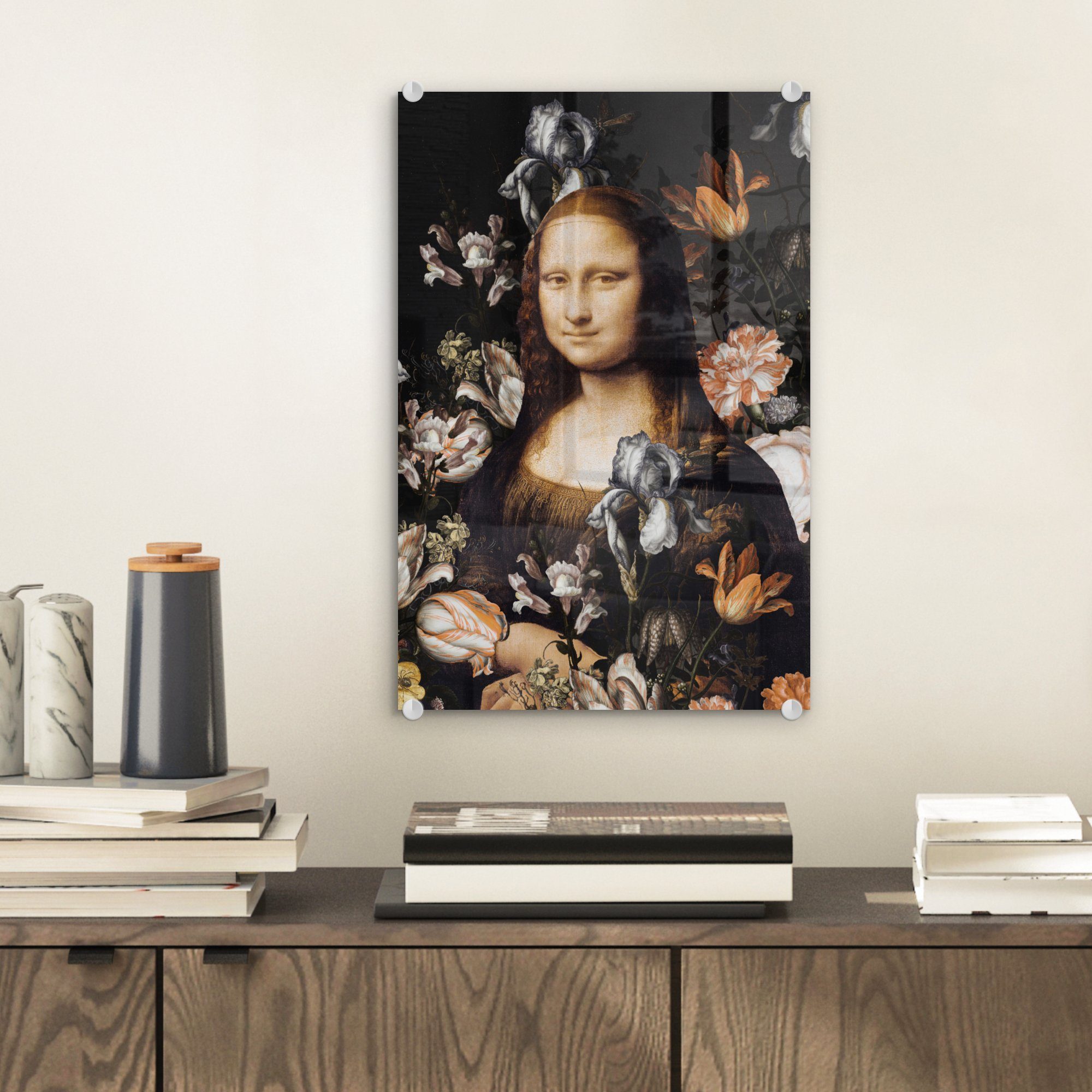 MuchoWow Acrylglasbild Mona St), Bilder Glas - Lisa - Wandbild Leonardo bunt Blumen, auf Wanddekoration Foto Glas - Vinci Glasbilder da auf - - (1