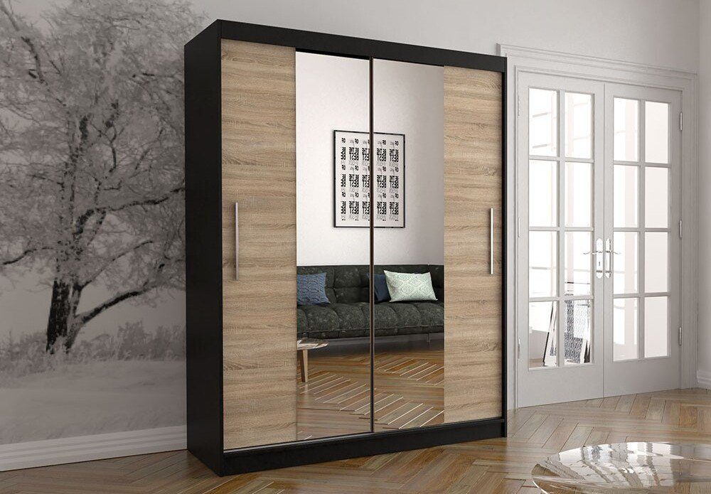 Polini Home Schwebetürenschrank Schwebetürenschrank Prime Comfort 150x200 Schwarz-eiche Spiegel mitt mit Spiegel schwarz-eiche | schwarz-eiche