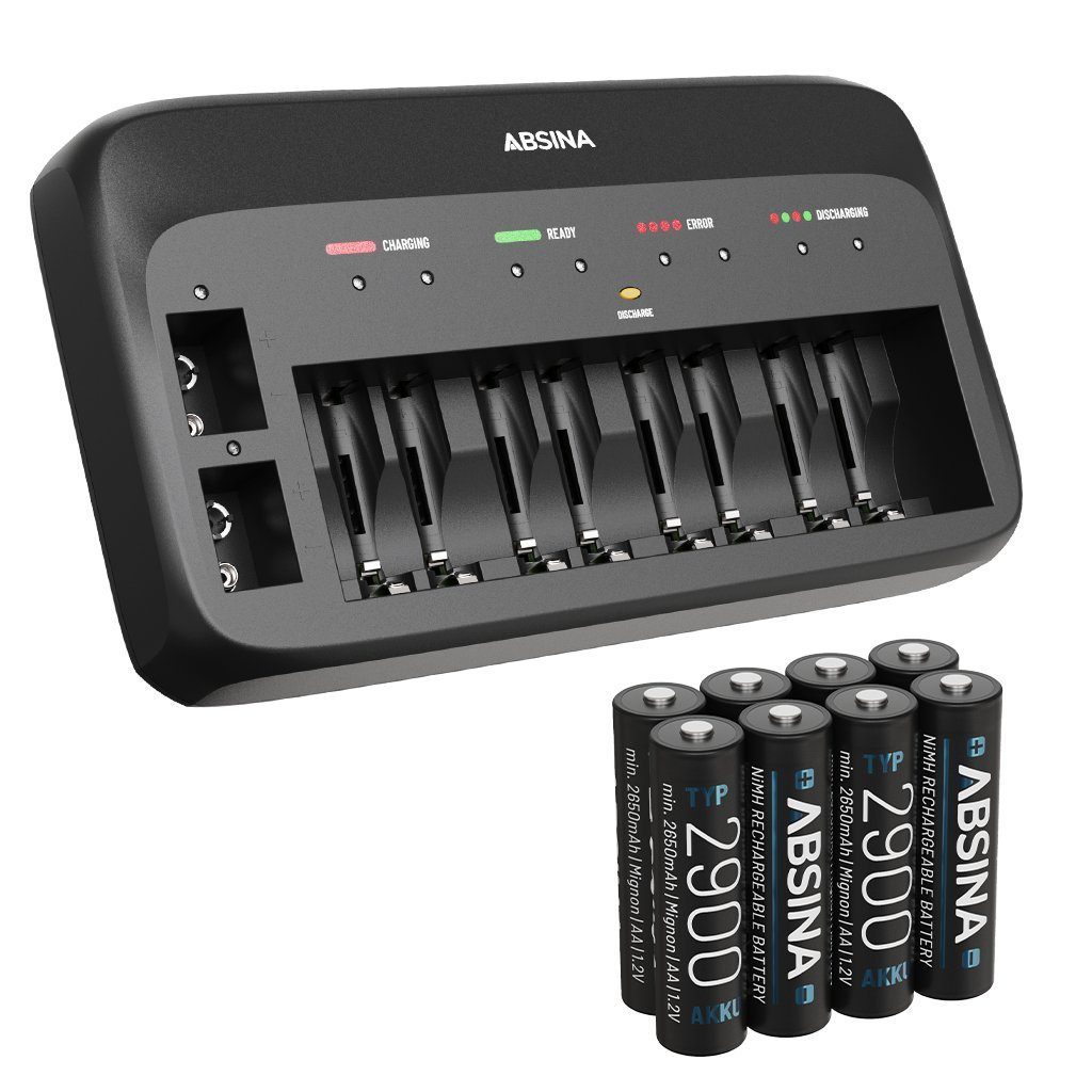 ABSINA X10 Akkuladegerät für AA, AAA & 9V - Batterieladegerät inkl. 8x Akkus Rundzellen-Lader (1-tlg)