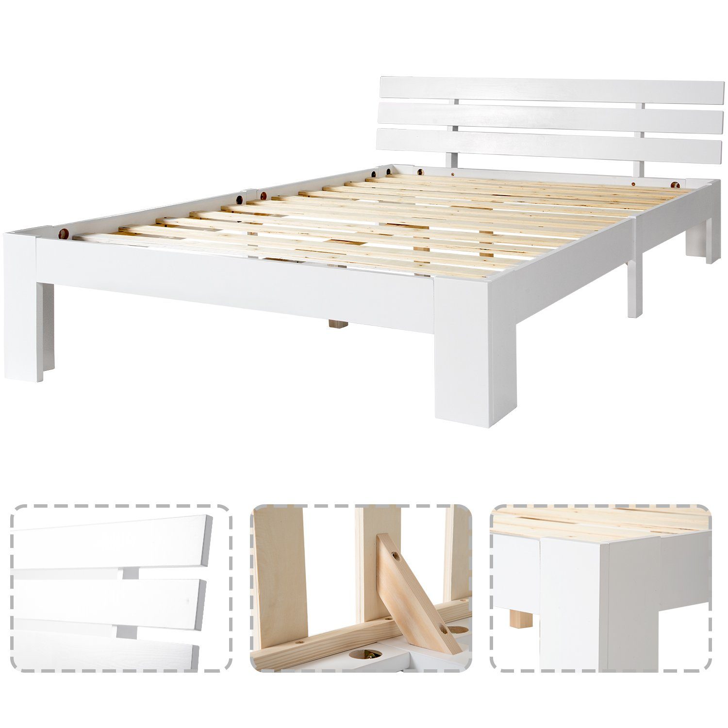 BlingBin Jugendbett Holzbett Doppelbett Bettgestell, Kopfteil FSC, 140×200CM aus Massivholz, Weiß mit Kiefer), (1-tlg