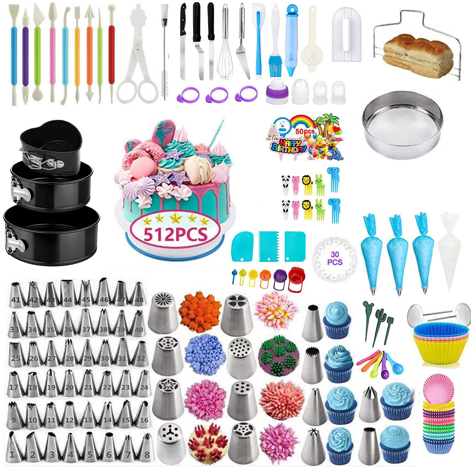 SURFOU Кондитеские мешочки 413-teiliges Torten Dekorationsset Kuchen Dekorieren Zubehör Backset mit Springform KuchenformenTortenplatte Drehbar