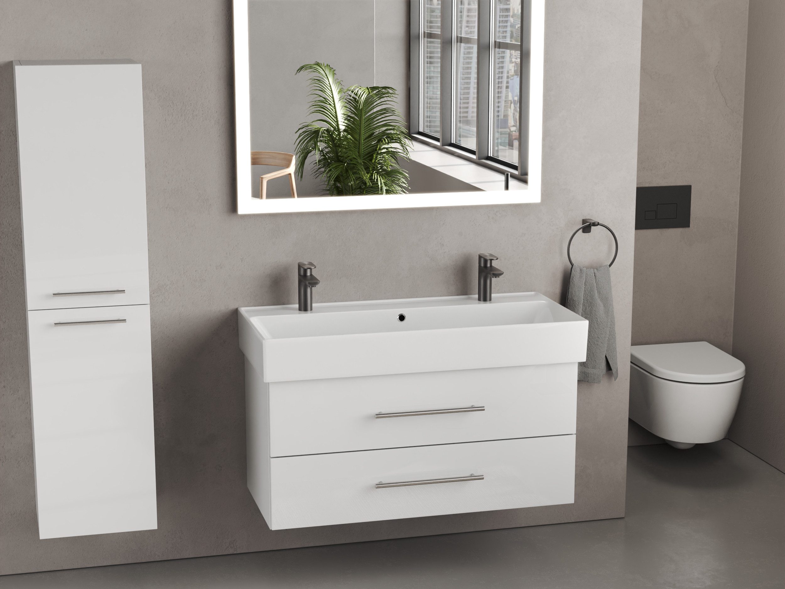 Aqua Bagno Badmöbel-Set Aqua Bagno Flex Badmöbel 100 cm Weiß Hochglanz mit Keramikwaschbecken, (vormontiert, 2-St., Badmöbelschrank lackiert, Keramikwaschbecken)