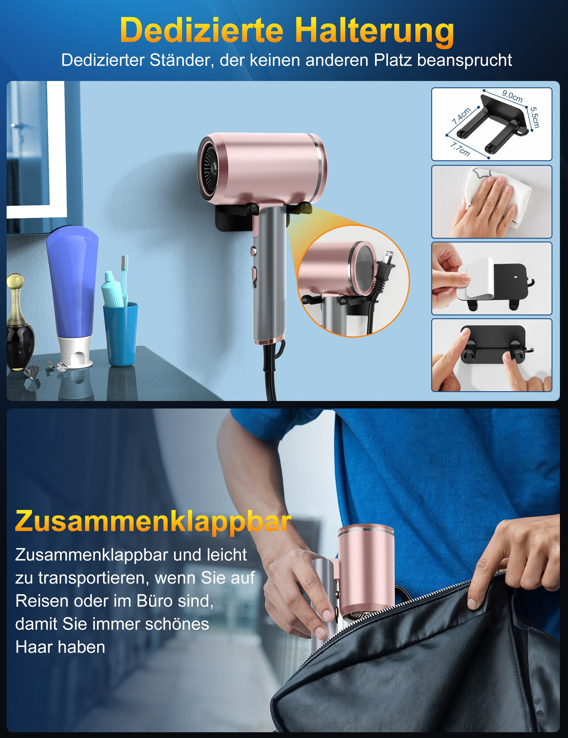 OYLCDI Haartrockner Föhn Ionen,klappbar, Weihnachtsgeschenk, Hair Dryer, 2400 W, mit 3 Stylingdüsen & 6 Temperatureinstellungen,Klappbar Haartrockner, Hairdryer – Bild 5 von 5