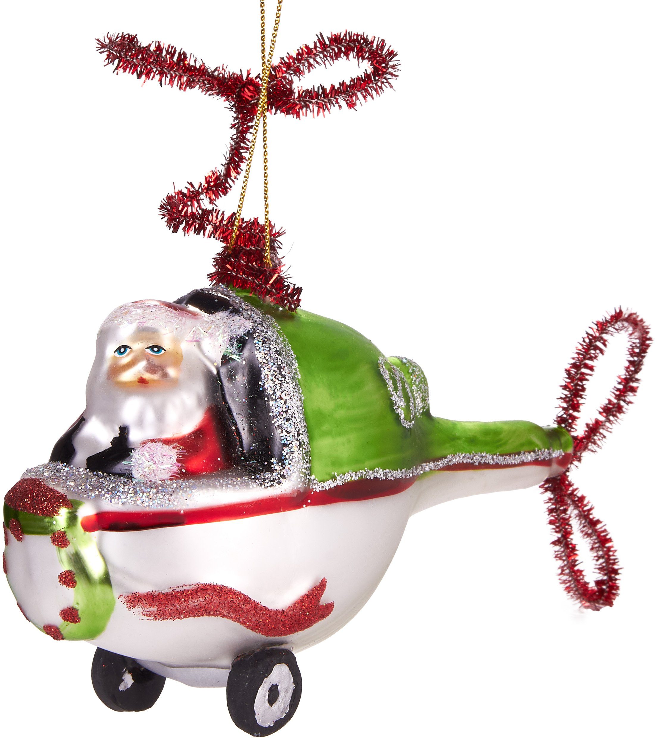 lustige cm Helikopter Handbemalte Weihnachtsanhänger - fliegender 11 Heli, Baumkugel Weihnachtsmann Weihnachtskugel Christbaumschmuck Glas, Hubschrauber aus Unikat, mundgeblasenes BRUBAKER im