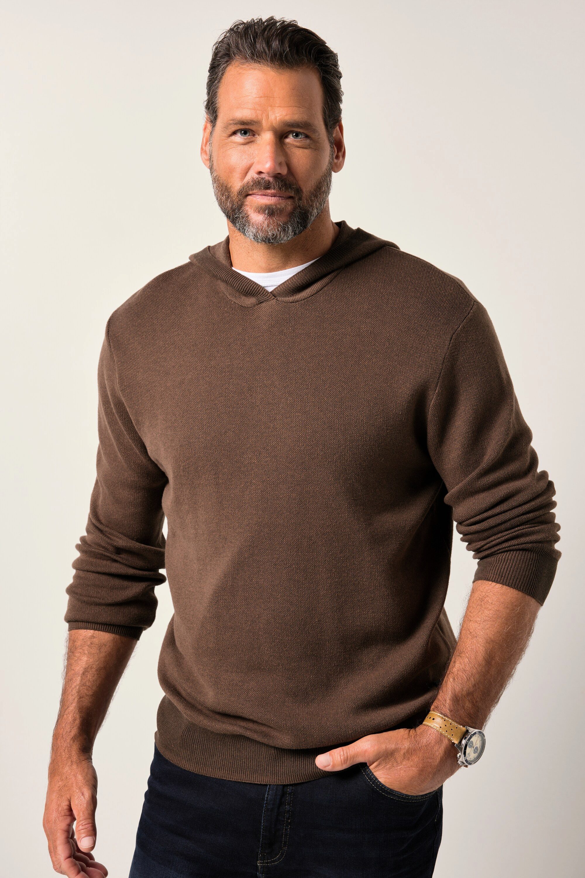 Rundhalspullover Strick-Hoodie Cashmere-Touch Feinstrick Kapuze