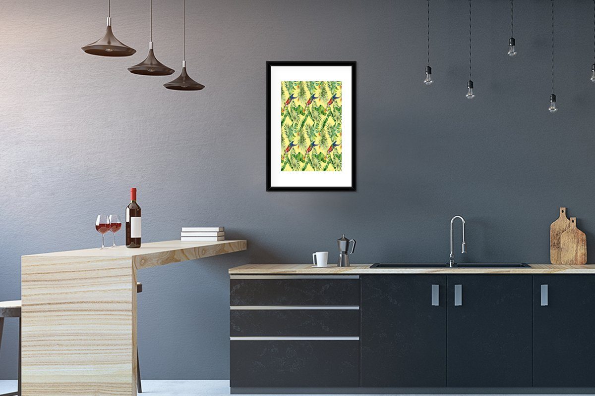 MuchoWow Poster Blumen - Paradiesvogelpflanze - Vogel, (1 St), mit Rahmen, Kunstdruck, Gerahmtes Poster, Schwarzem Bilderrahmen