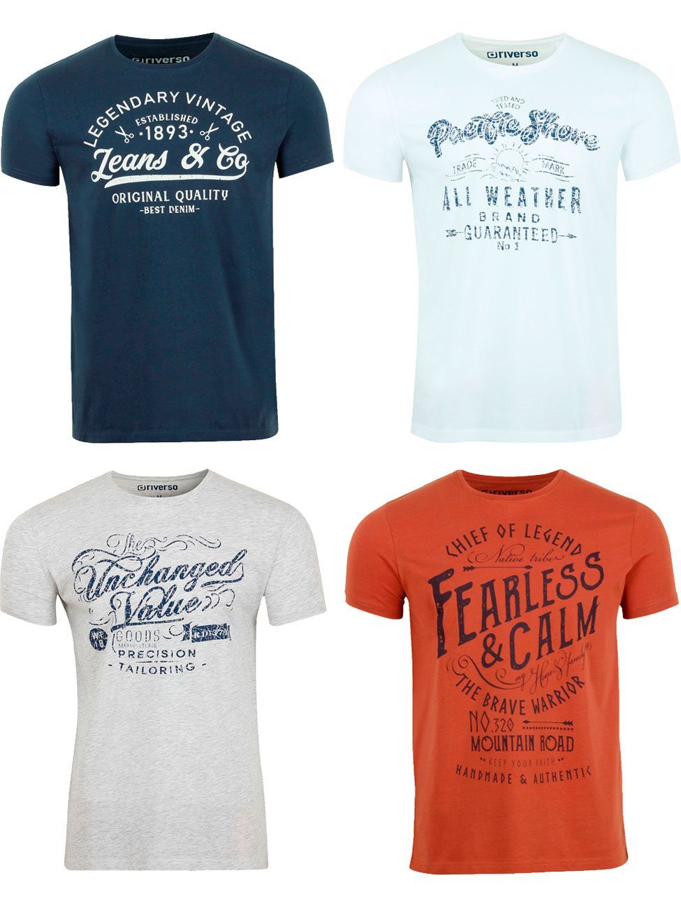 (4-tlg) Baumwolle Herren aus Kurzarm Fit Tee T-Shirt Rundhalsausschnitt 100% Regular RIVLeon 11 riverso Shirt Printshirt mit Pack