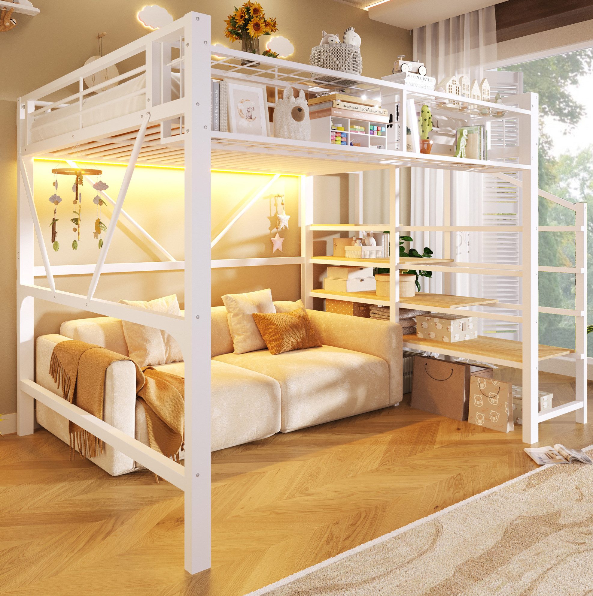 MODFU Hochbett Kinderbett aus Metall mit offenem Stauraum, LED-Leiste (Jugendbett 140x200 cm mit Gitterelementen, Stufen-Ablageregal und Aufbewahrungskorb, Eisenbett) Inklusive Matratze