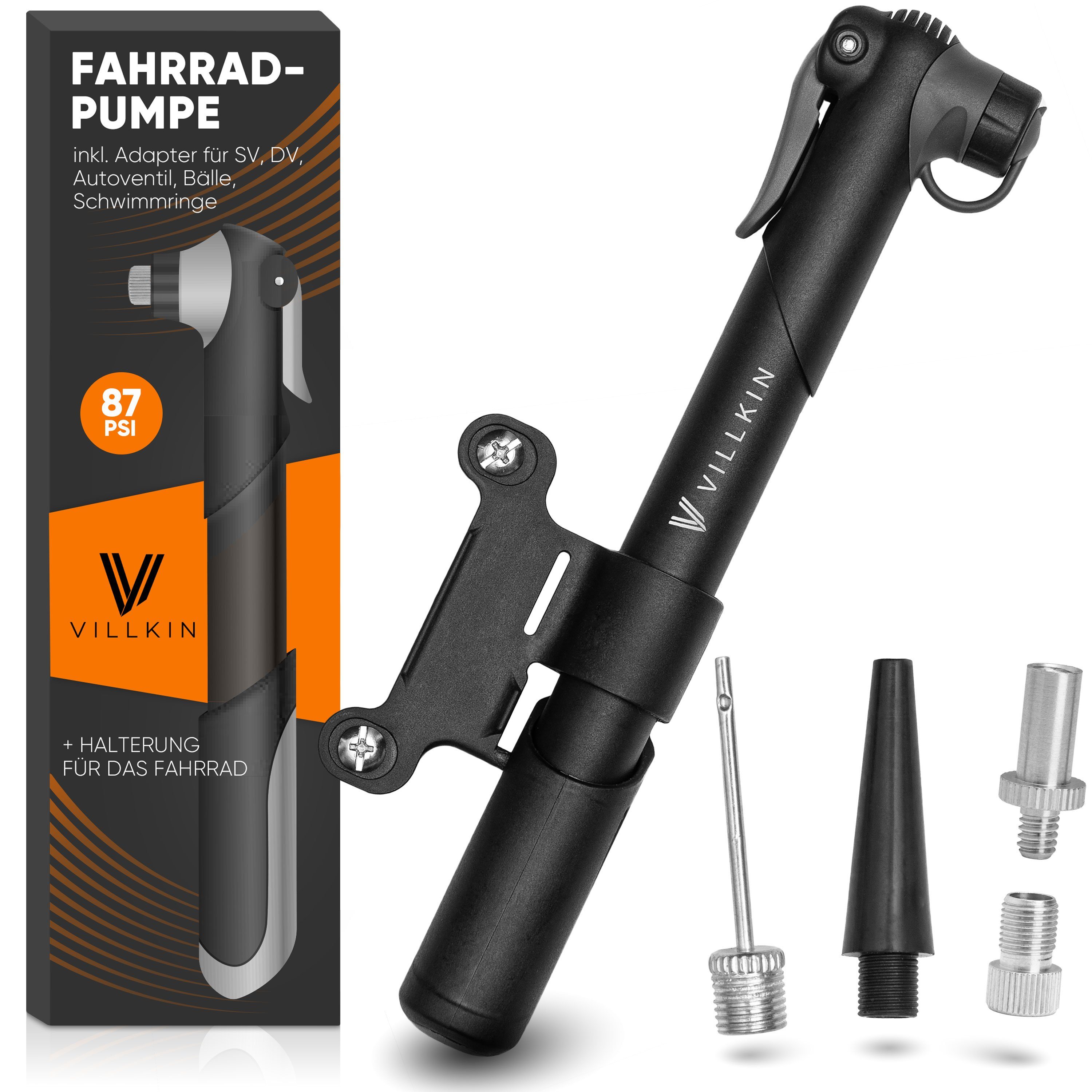 Villkin Fahrradpumpe, kleine Luftpumpe, Ballpumpe, Reifenpumpe, Handpumpe (22,5cm) (4-tlg., Befestigung für Fahrrad vorhanden), mehrere Adapter