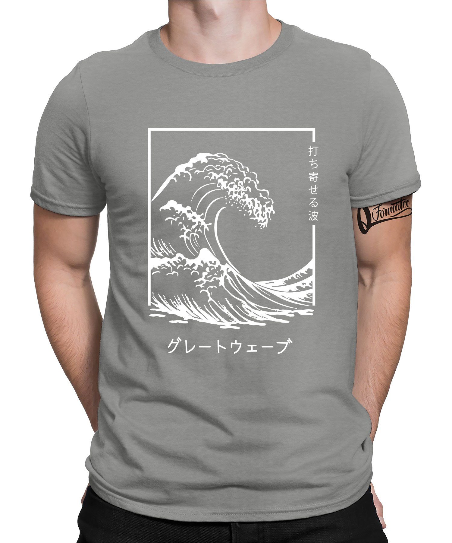 Wave Formatee (1-tlg) - Herren Kanagawa Japan Ästhetik Great Kurzarmshirt Quattro The Anime T-Shirt Grau Heather
