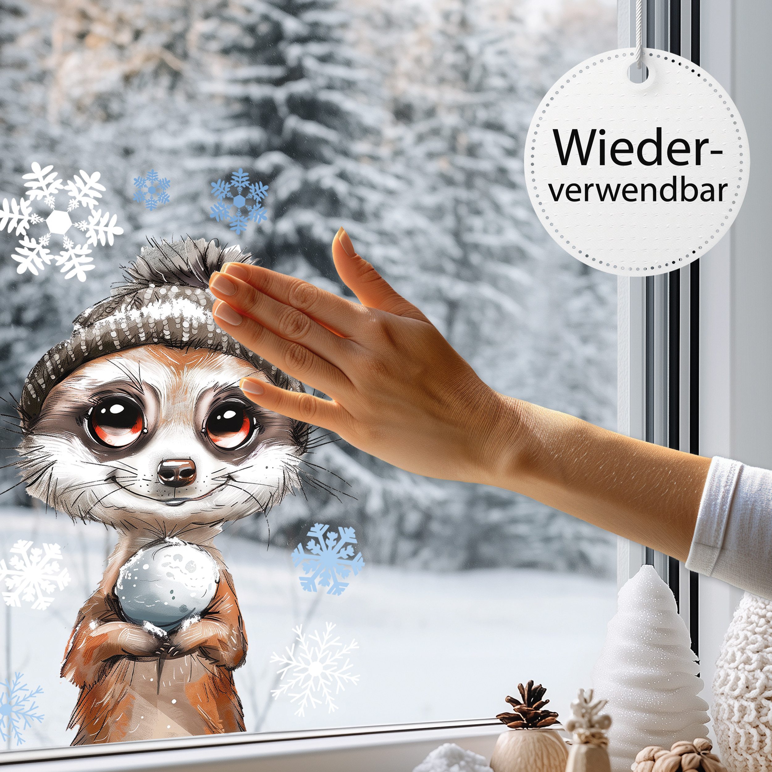 Sunnywall Fensterdekoration Kinderzimmer Fensterbild Winter Erdmännchen, wiederverwendbar, statisch haftend, beidseitiger Druck