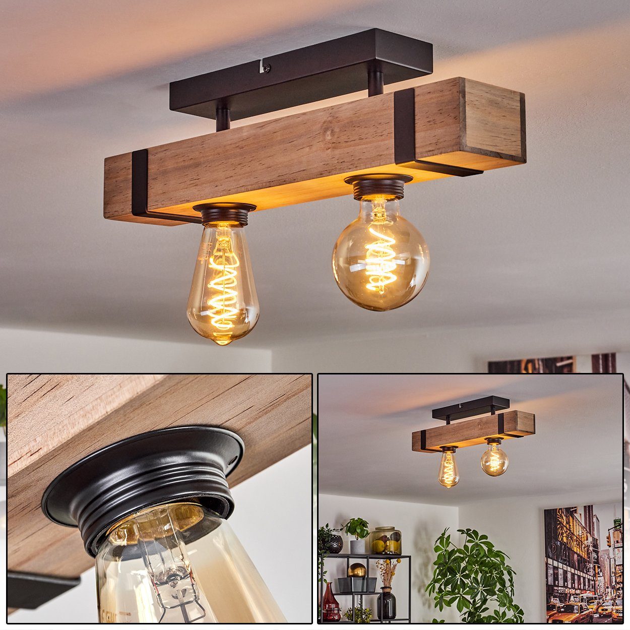 hofstein Deckenleuchte moderne Deckenlampe mit in Leuchtmittel, Design 2 industrial im x ohne Holzbalken, aus Schwarz/Natur, ohne Leuchtmittel Metall/Holz E27