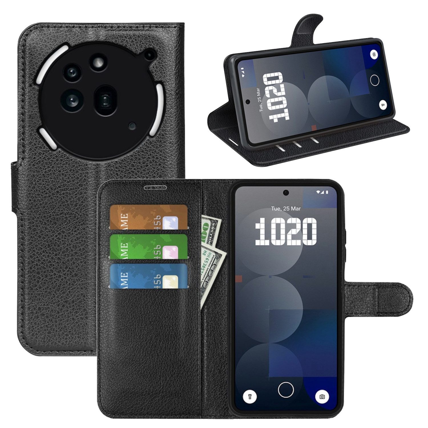 Wigento Smartphone-Hülle Für Nothing Phone 3a Pro Kunstleder Book Wallet Handy Tasche Schwarz, Kunstleder Hülle mit Kartenfächern und Standfunktion