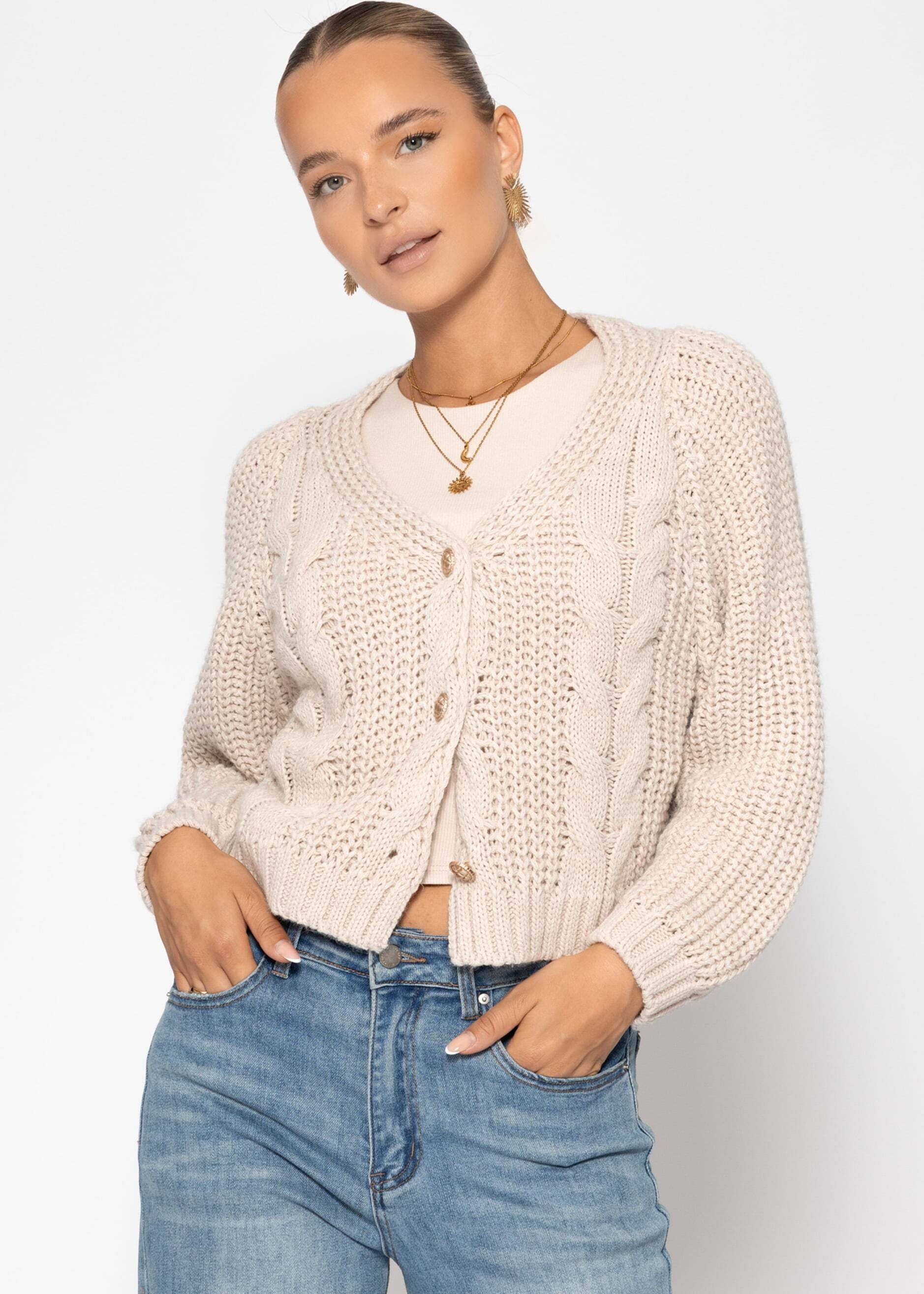 SASSYCLASSY Cardigan Zopfstrick-Cardigan mit Knopfleiste für Damen Lockerer günstig online kaufen