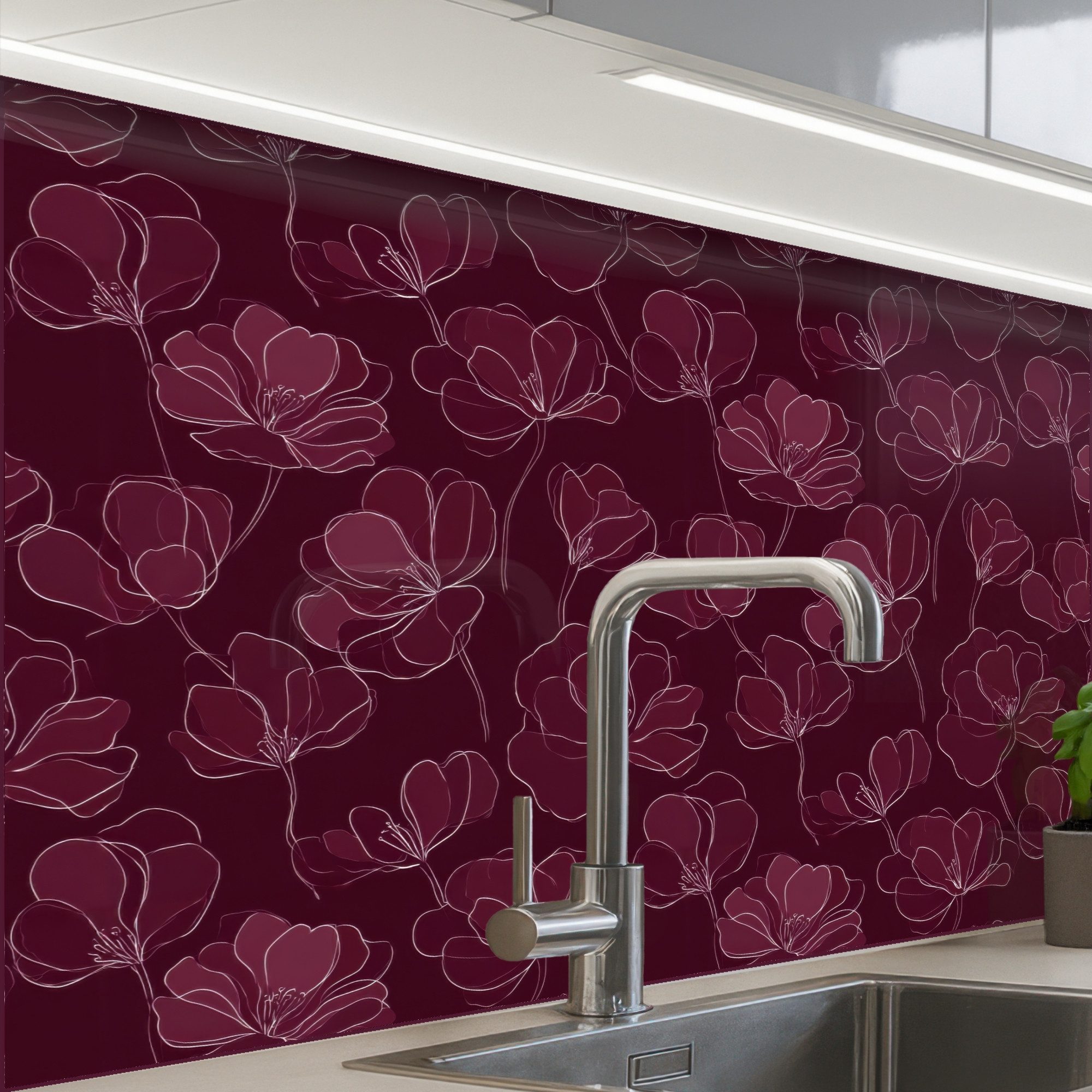KitchenYeah Küchenrückwand Muster selbstklebend (keine Folie) Blumen - Muster - Burgunderrot, (1-tlg), Spritzschutz, Küche, Rückwand, Küchenwand, Küchenfront, 30x20 cm