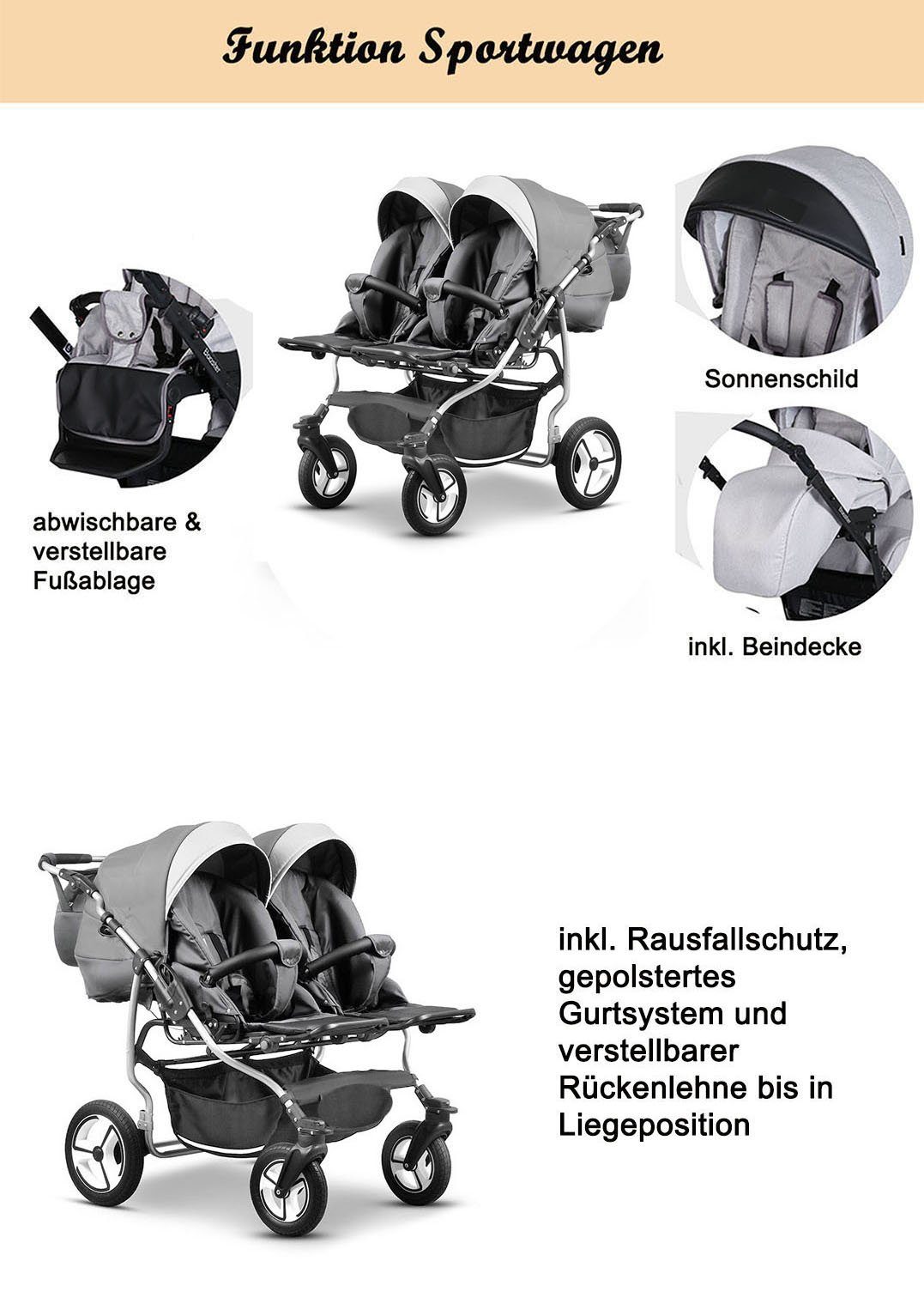 in 3 in Elcar Dunkelgrau - Duet 13 17 Zwillings-Kombikinderwagen inkl. Autositze - Farben Teile 1 Lux