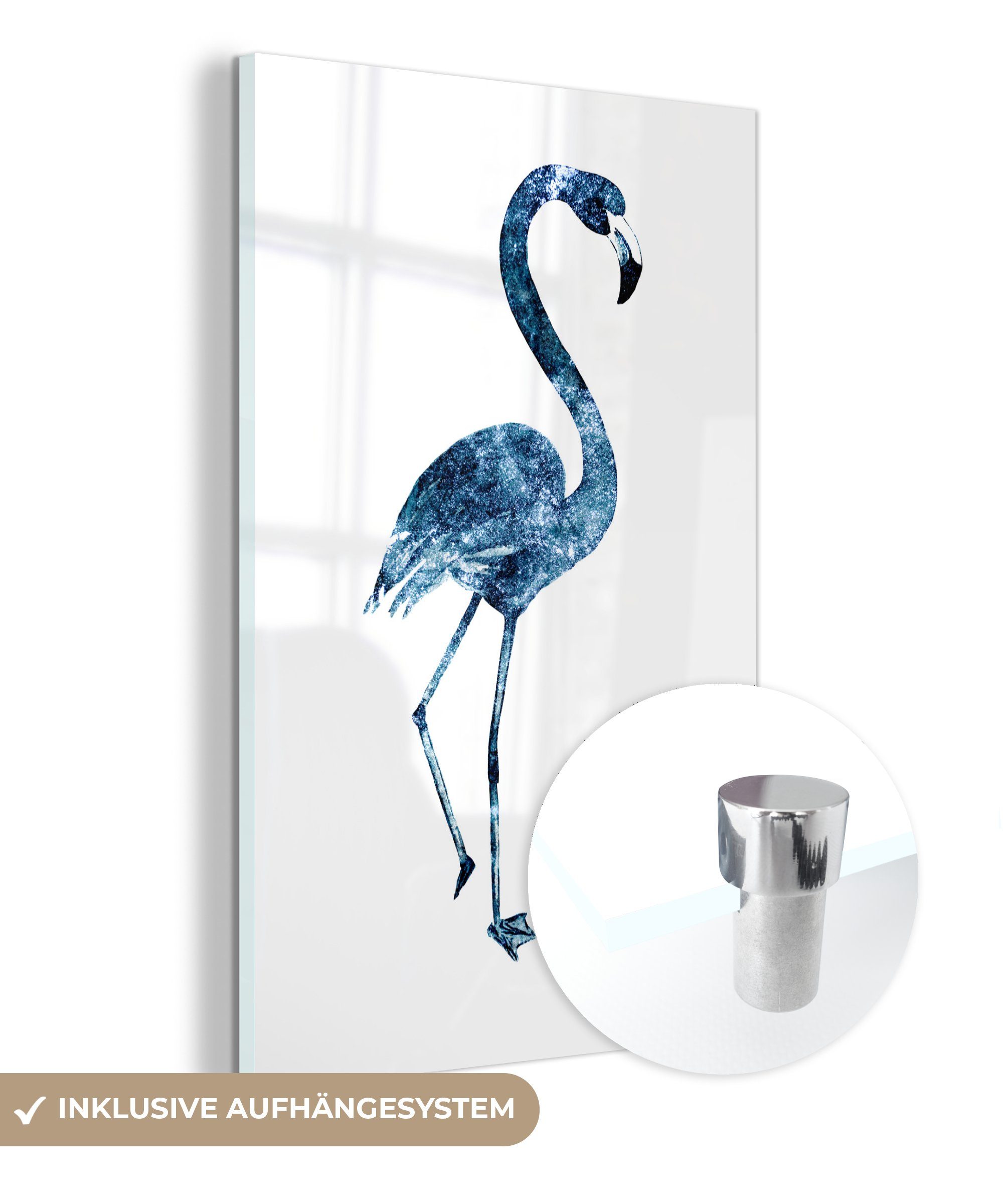 MuchoWow Acrylglasbild Flamingo Bilder - (1 - - Wanddekoration Universum, St), Glas auf Glas Blau bunt Foto Wandbild Glasbilder auf - 